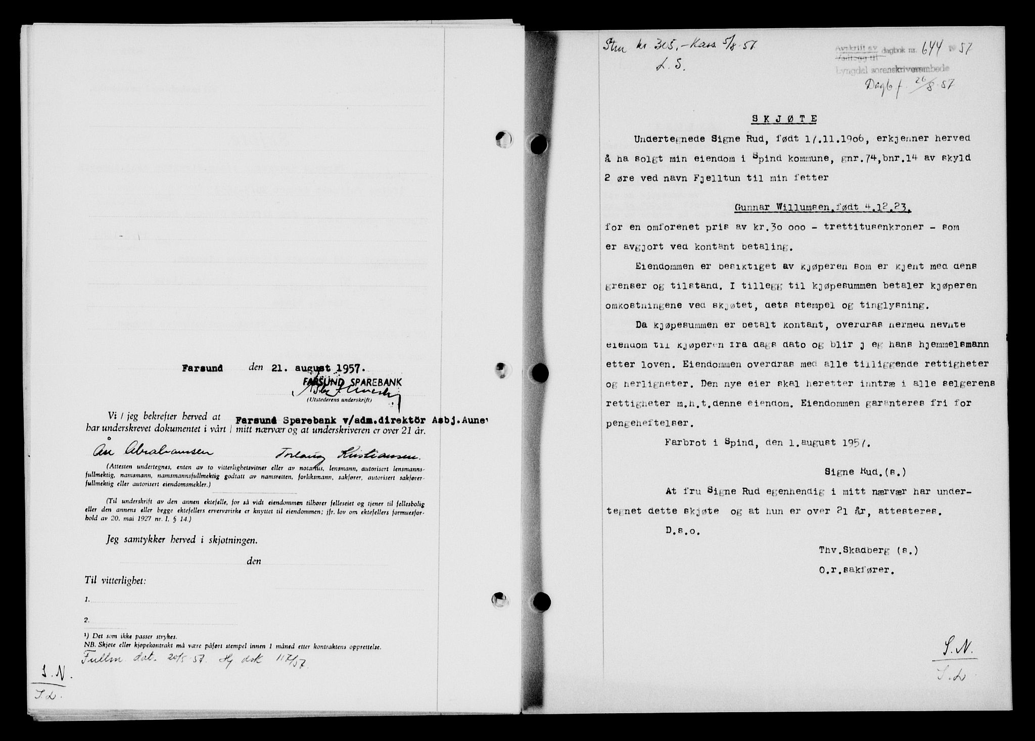 Lyngdal sorenskriveri, AV/SAK-1221-0004/G/Gb/L0676: Mortgage book no. A XXII, 1957-1957, Diary no: : 644/1957