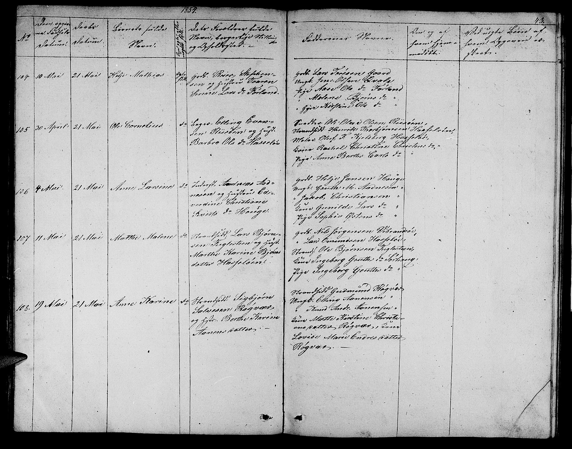 Torvastad sokneprestkontor, SAST/A -101857/H/Ha/Hab/L0004: Parish register (copy) no. B 4, 1850-1864, p. 43