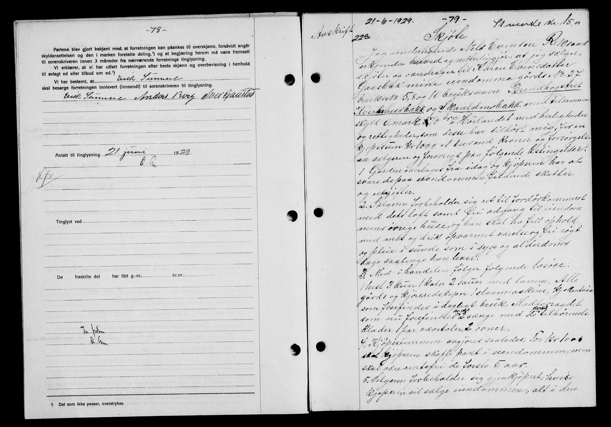 Gauldal sorenskriveri, AV/SAT-A-0014/1/2/2C/L0038: Mortgage book no. 39, 1929-1930, Deed date: 21.06.1929