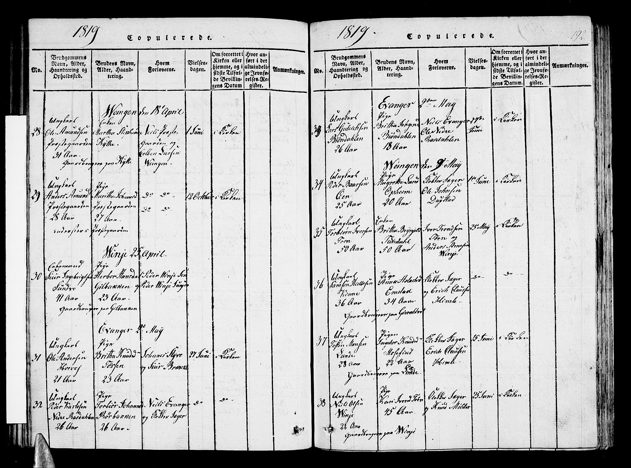 Voss sokneprestembete, AV/SAB-A-79001/H/Haa: Parish register (official) no. A 11, 1816-1827, p. 192