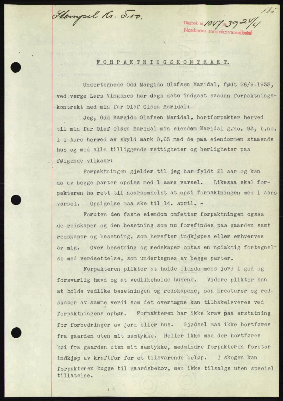 Nordmøre sorenskriveri, AV/SAT-A-4132/1/2/2Ca: Mortgage book no. B85, 1939-1939, Diary no: : 1047/1939