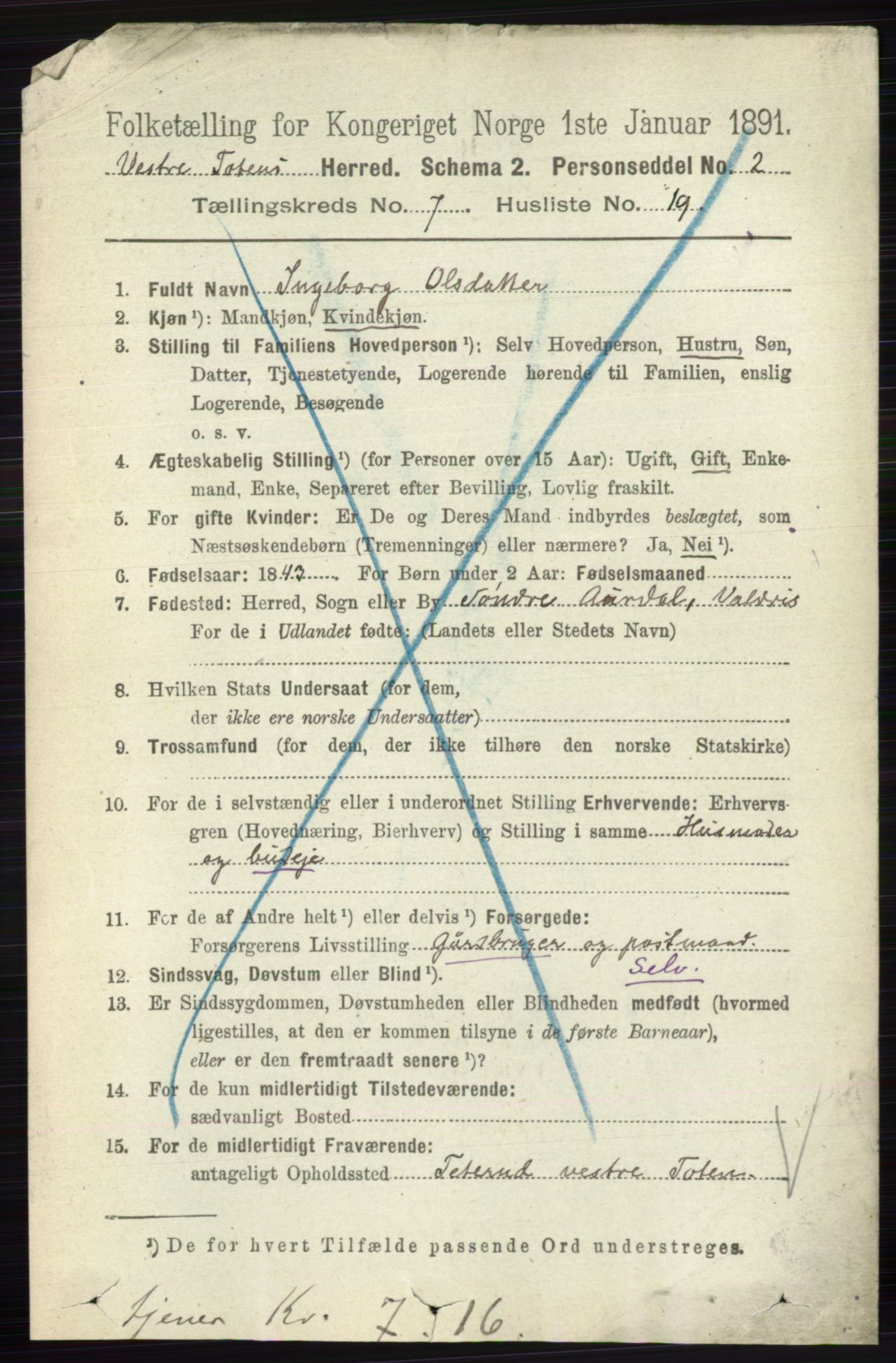 RA, 1891 census for 0529 Vestre Toten, 1891, p. 4489