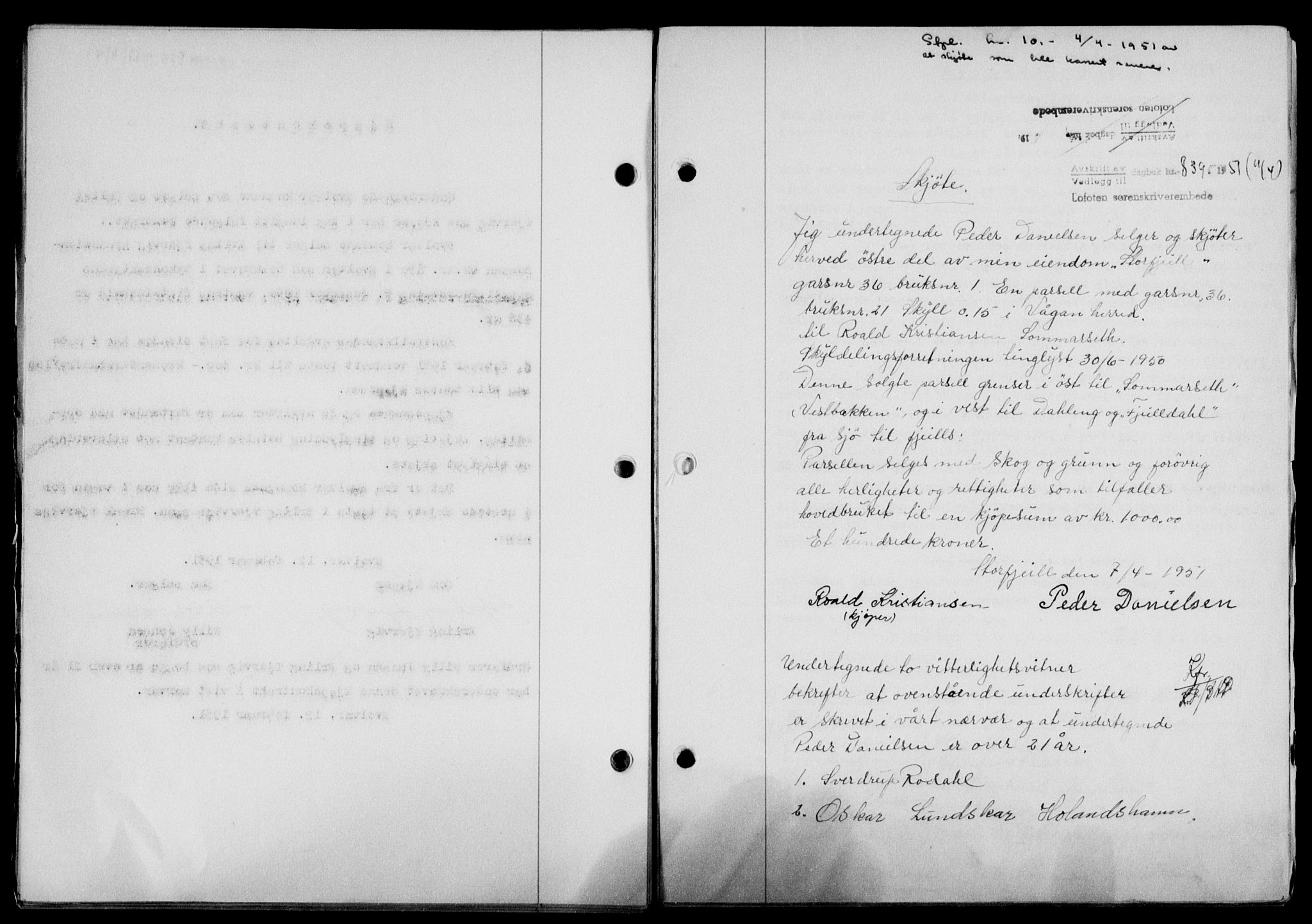 Lofoten sorenskriveri, SAT/A-0017/1/2/2C/L0025a: Mortgage book no. 25a, 1950-1951, Diary no: : 839/1951