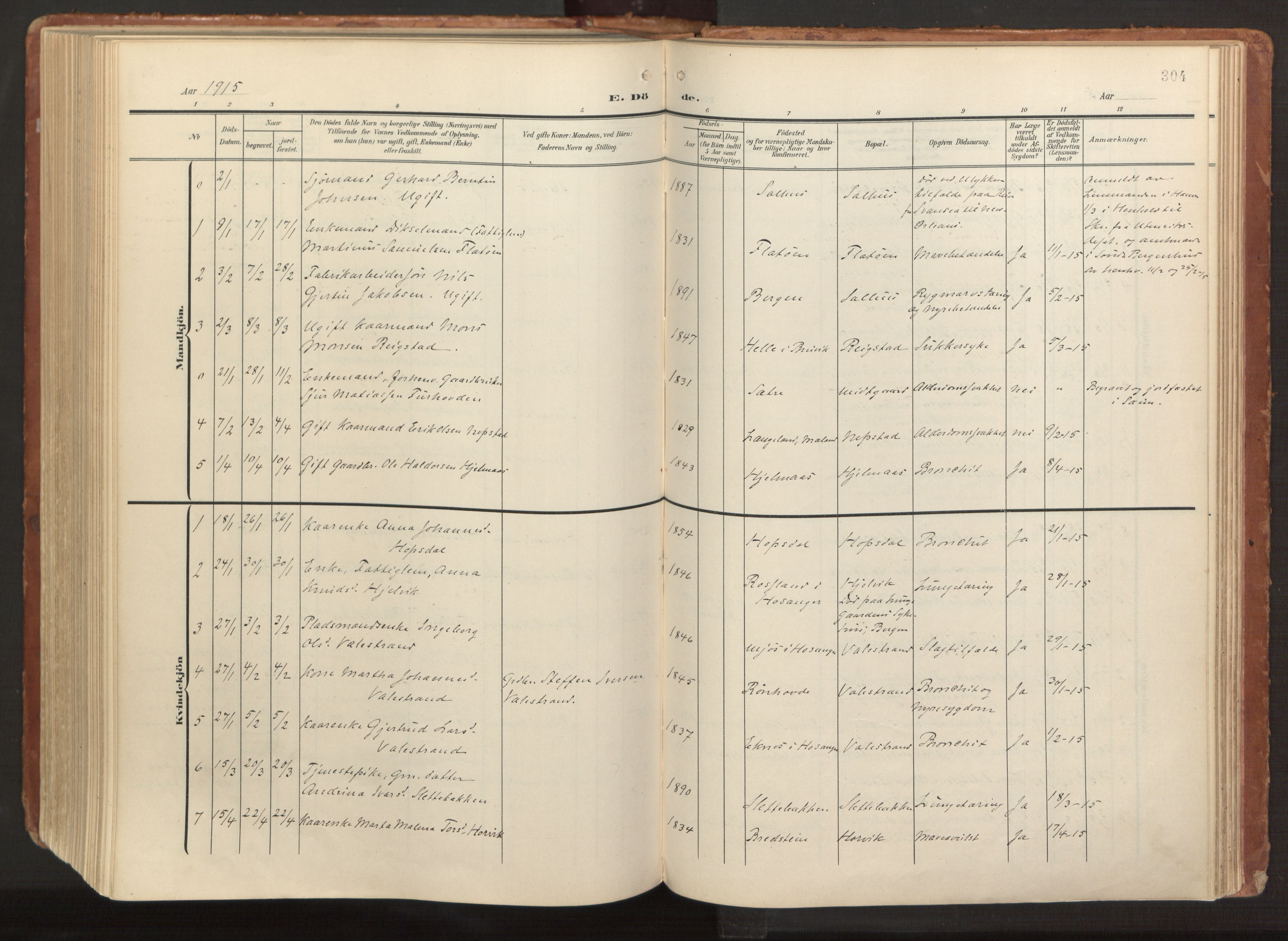 Hamre sokneprestembete, SAB/A-75501/H/Ha/Haa/Haab/L0002: Parish register (official) no. B 2, 1905-1924, p. 304