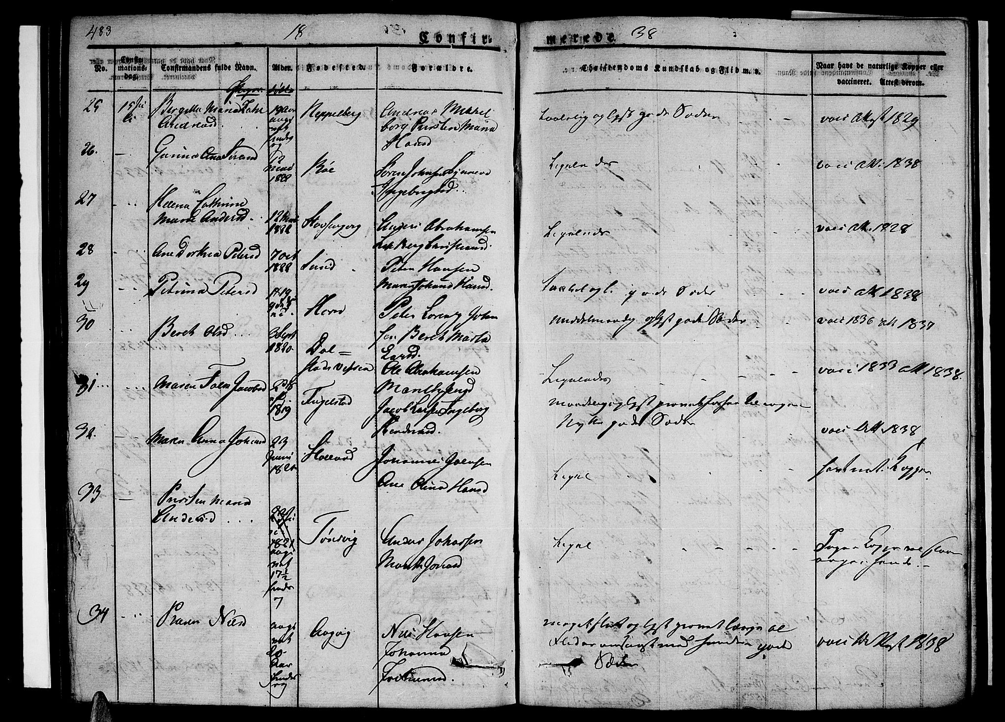 Ministerialprotokoller, klokkerbøker og fødselsregistre - Nordland, SAT/A-1459/838/L0548: Parish register (official) no. 838A06, 1829-1839, p. 483-484
