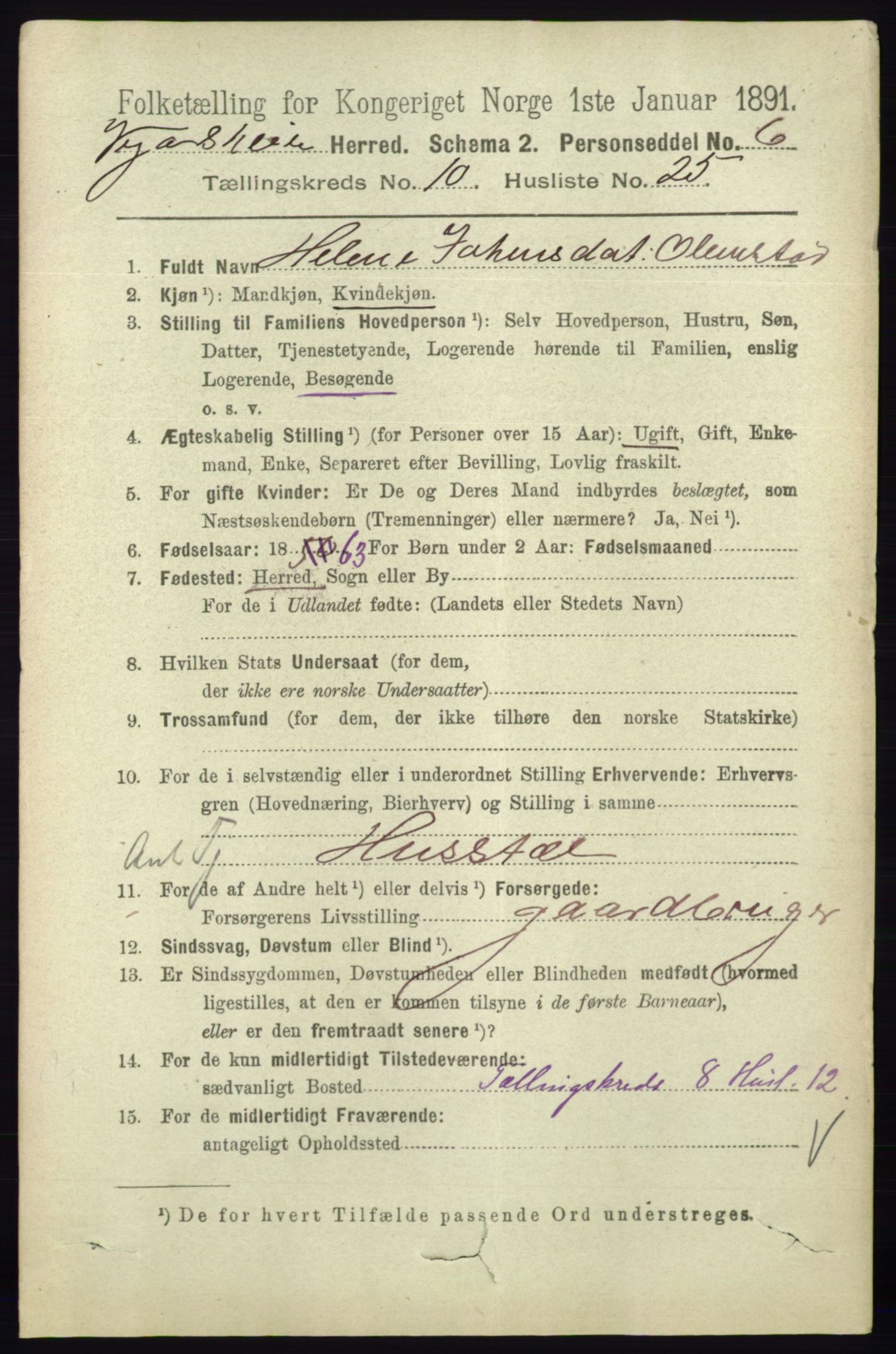 RA, 1891 census for 0912 Vegårshei, 1891, p. 2156