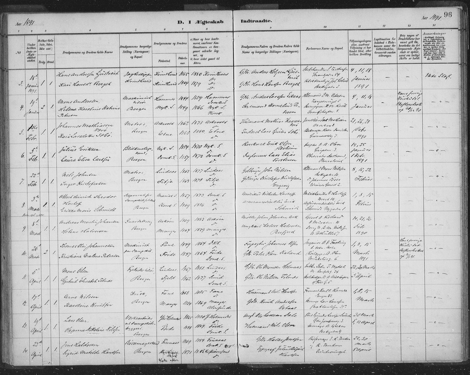Domkirken sokneprestembete, SAB/A-74801/H/Hab/L0032: Parish register (copy) no. D 4, 1880-1907, p. 96