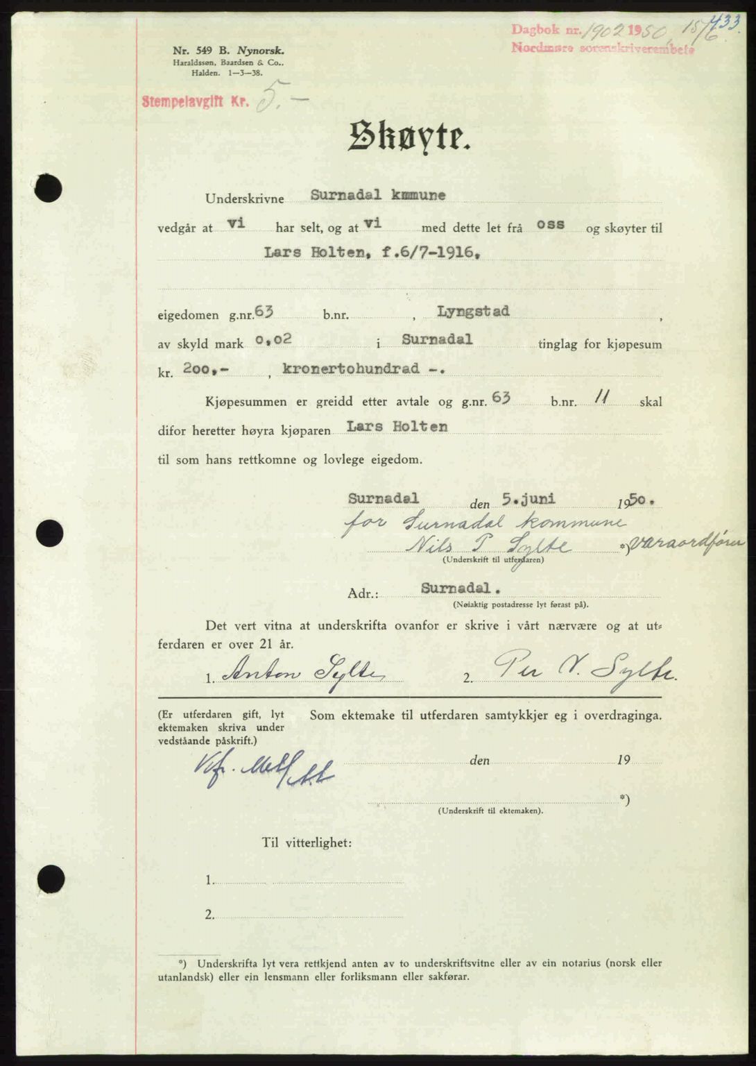 Nordmøre sorenskriveri, AV/SAT-A-4132/1/2/2Ca: Mortgage book no. A115, 1950-1950, Diary no: : 1902/1950