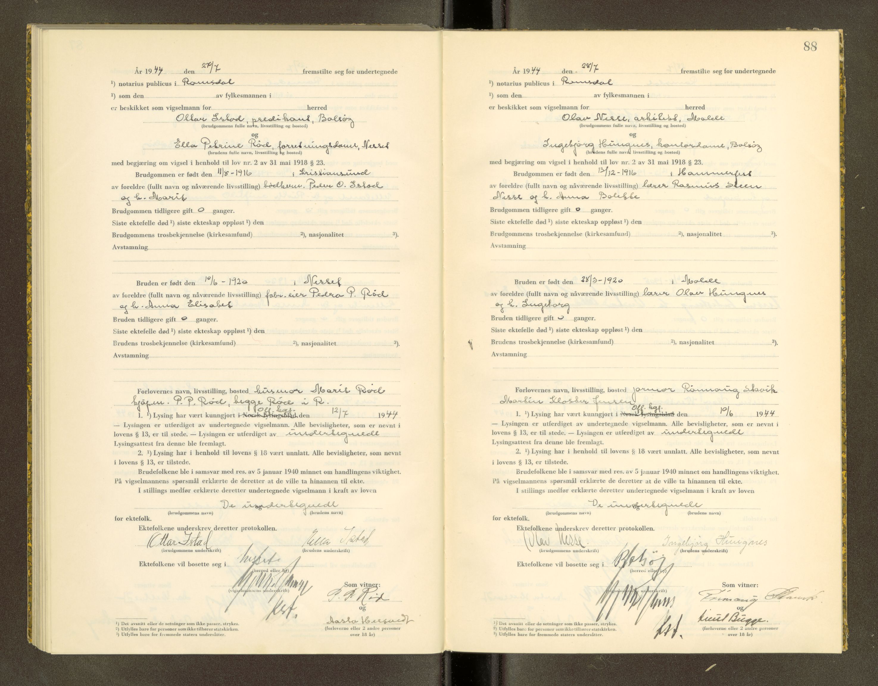 Romsdal sorenskriveri, AV/SAT-A-4149/1/6/6D/L0007: Vigselbok, 1943-1944, p. 88