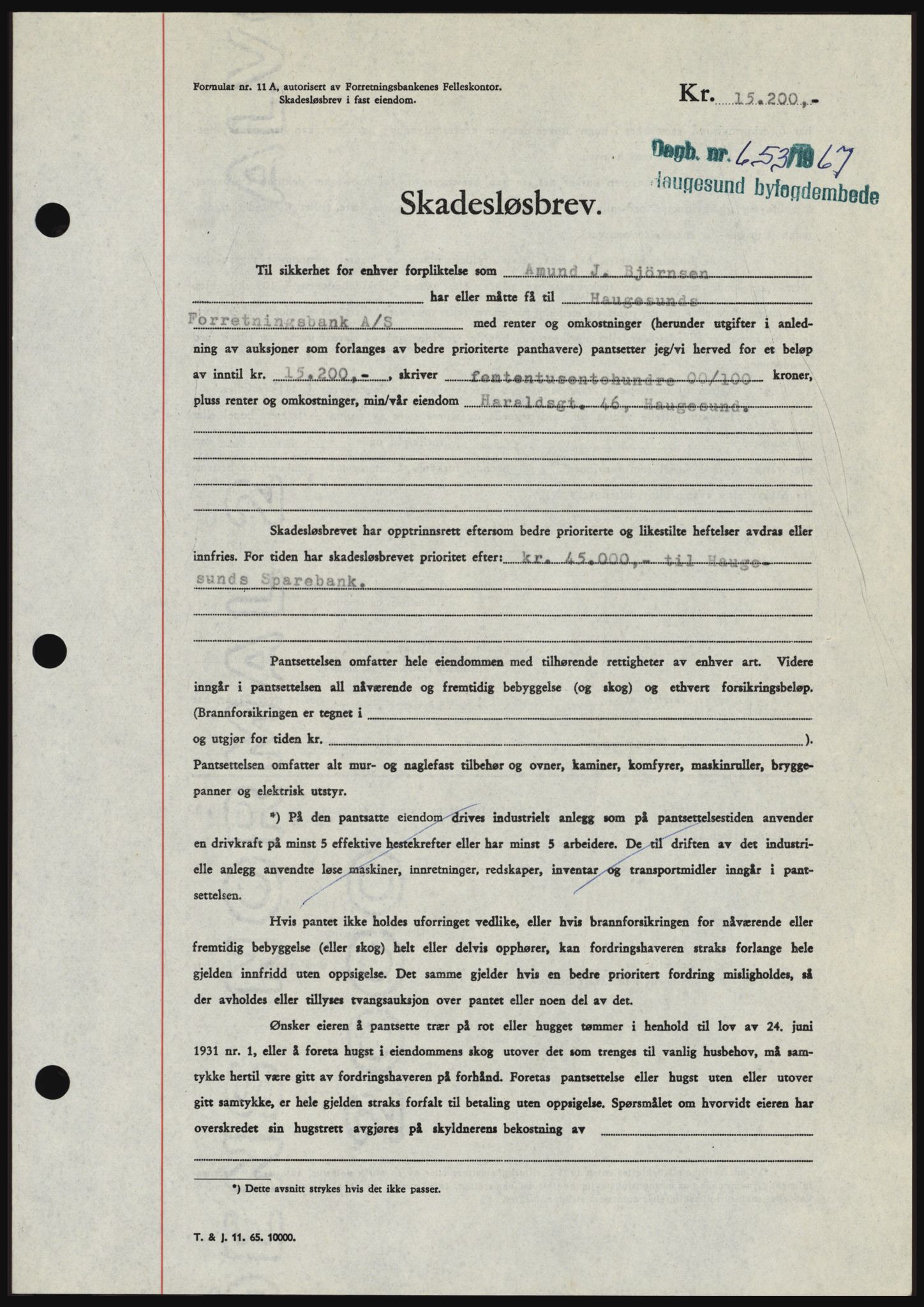 Haugesund tingrett, SAST/A-101415/01/II/IIC/L0056: Mortgage book no. B 56, 1966-1967, Diary no: : 653/1967