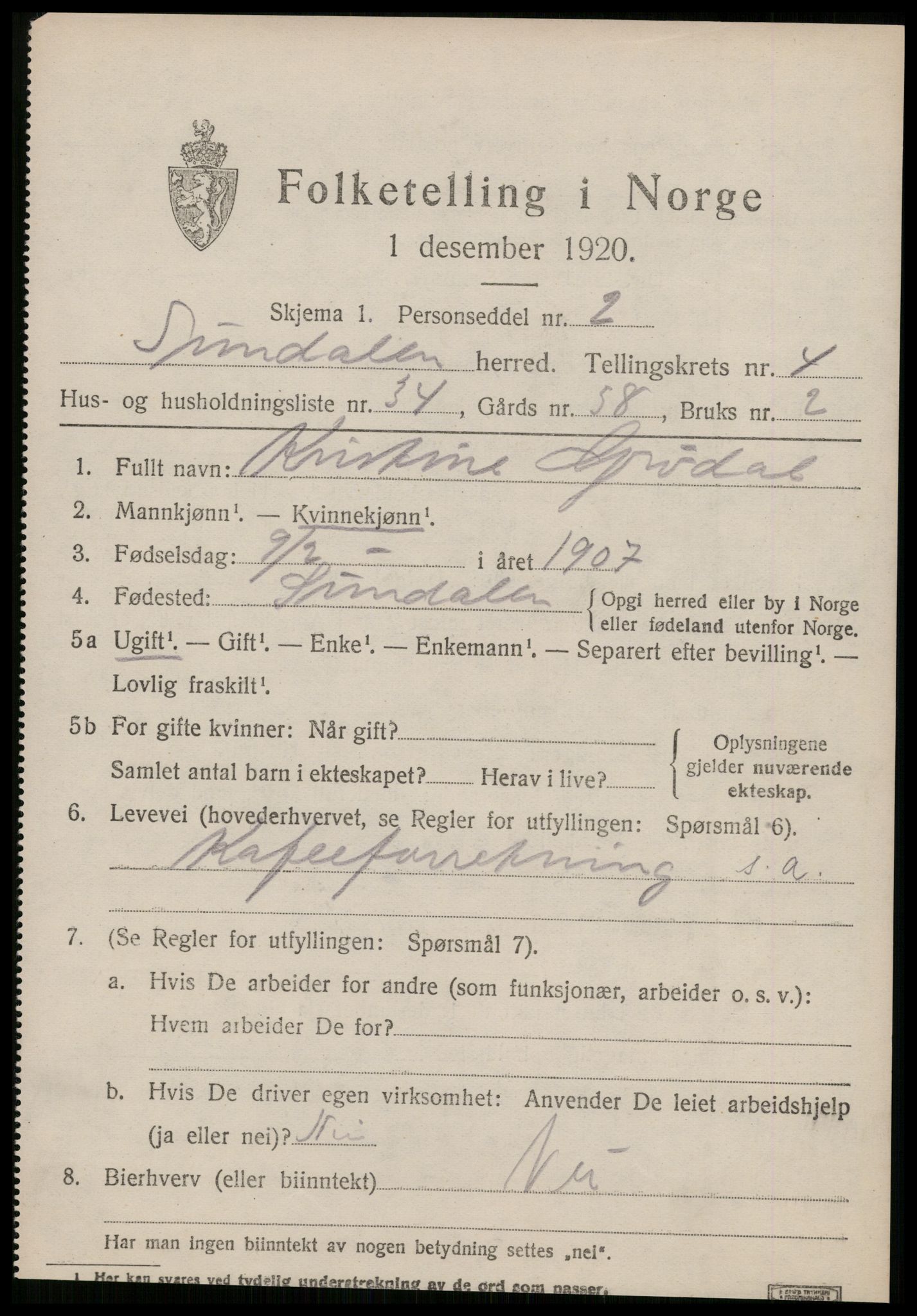 SAT, 1920 census for Sunndal, 1920, p. 2914