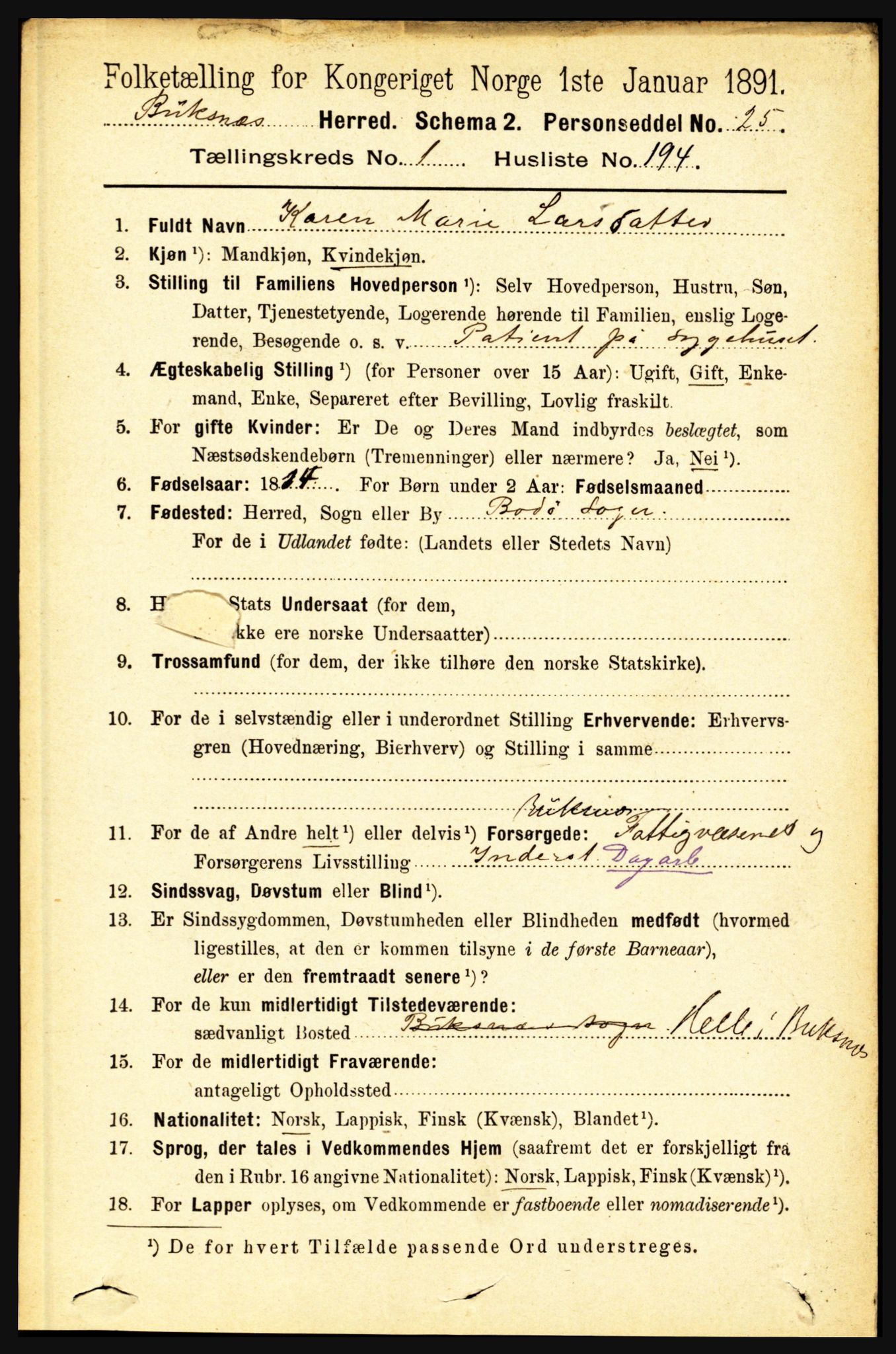 RA, 1891 census for 1860 Buksnes, 1891, p. 1508