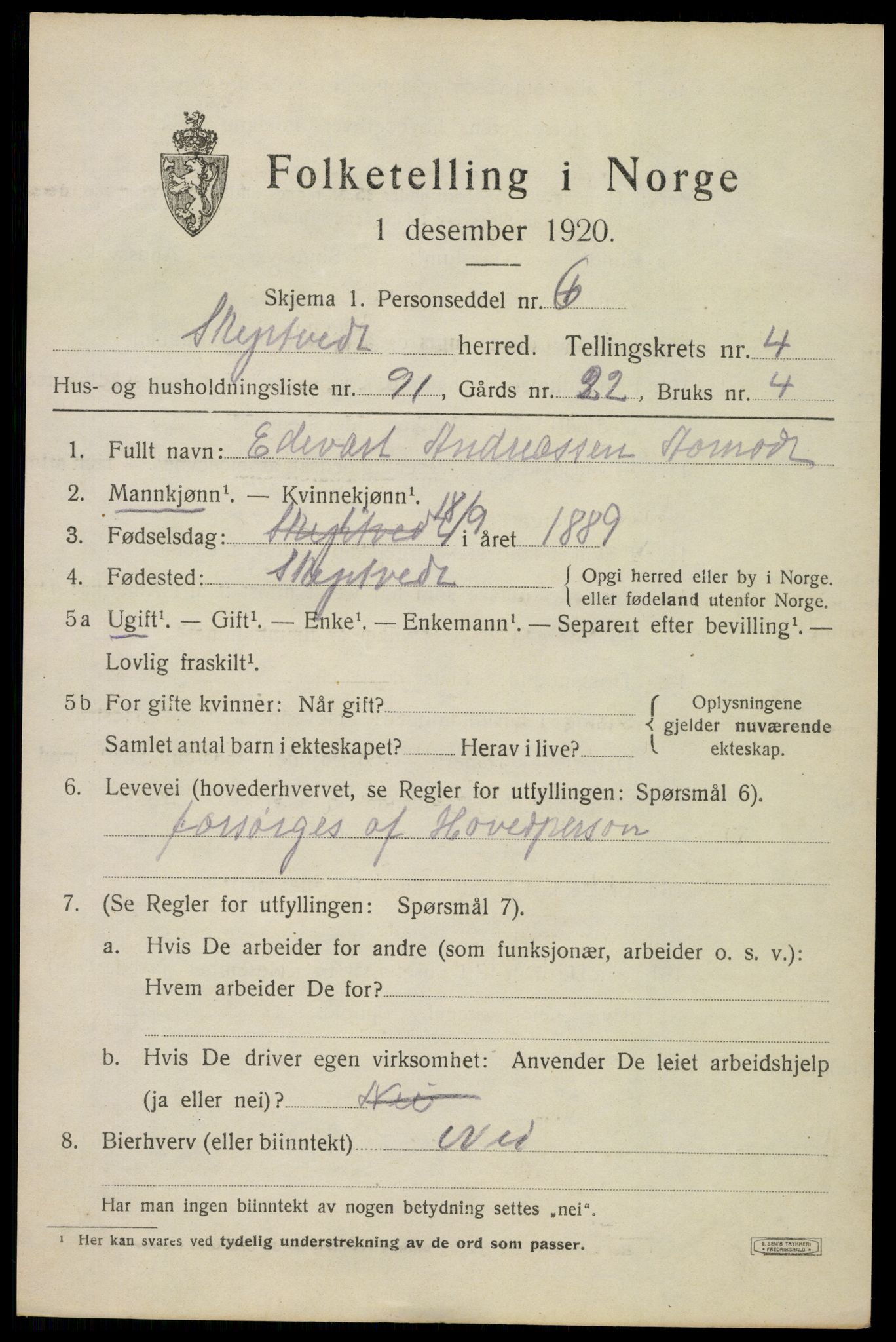 SAO, 1920 census for Skiptvet, 1920, p. 5123
