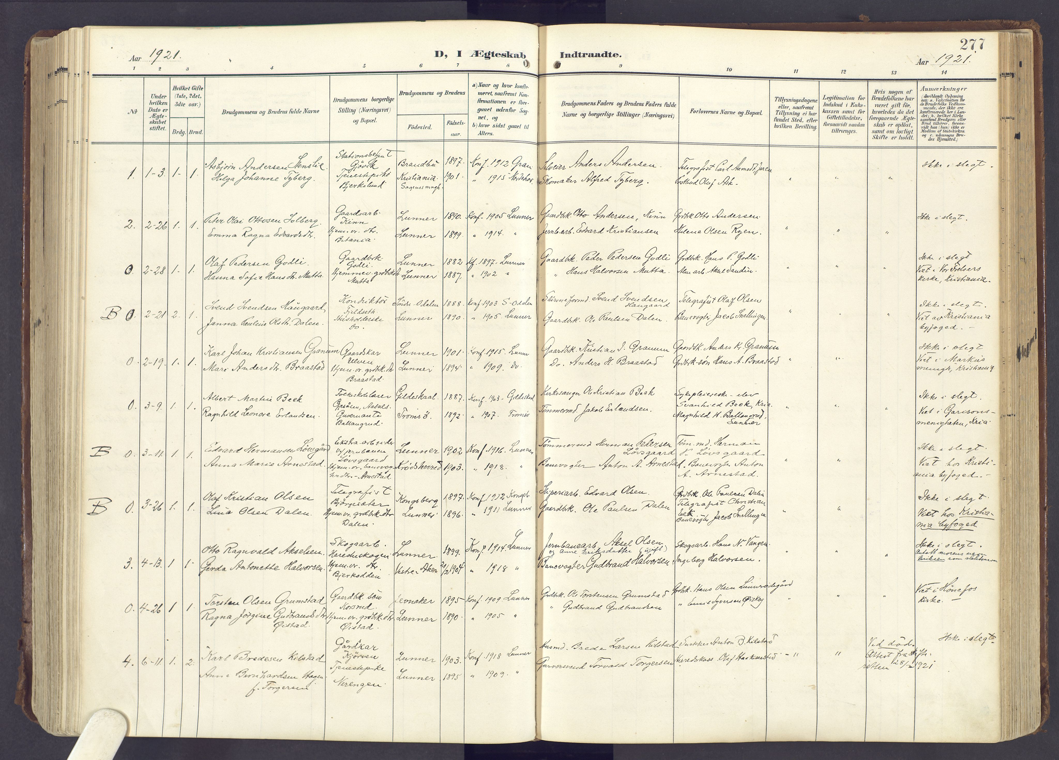 Lunner prestekontor, SAH/PREST-118/H/Ha/Haa/L0001: Parish register (official) no. 1, 1907-1922, p. 277
