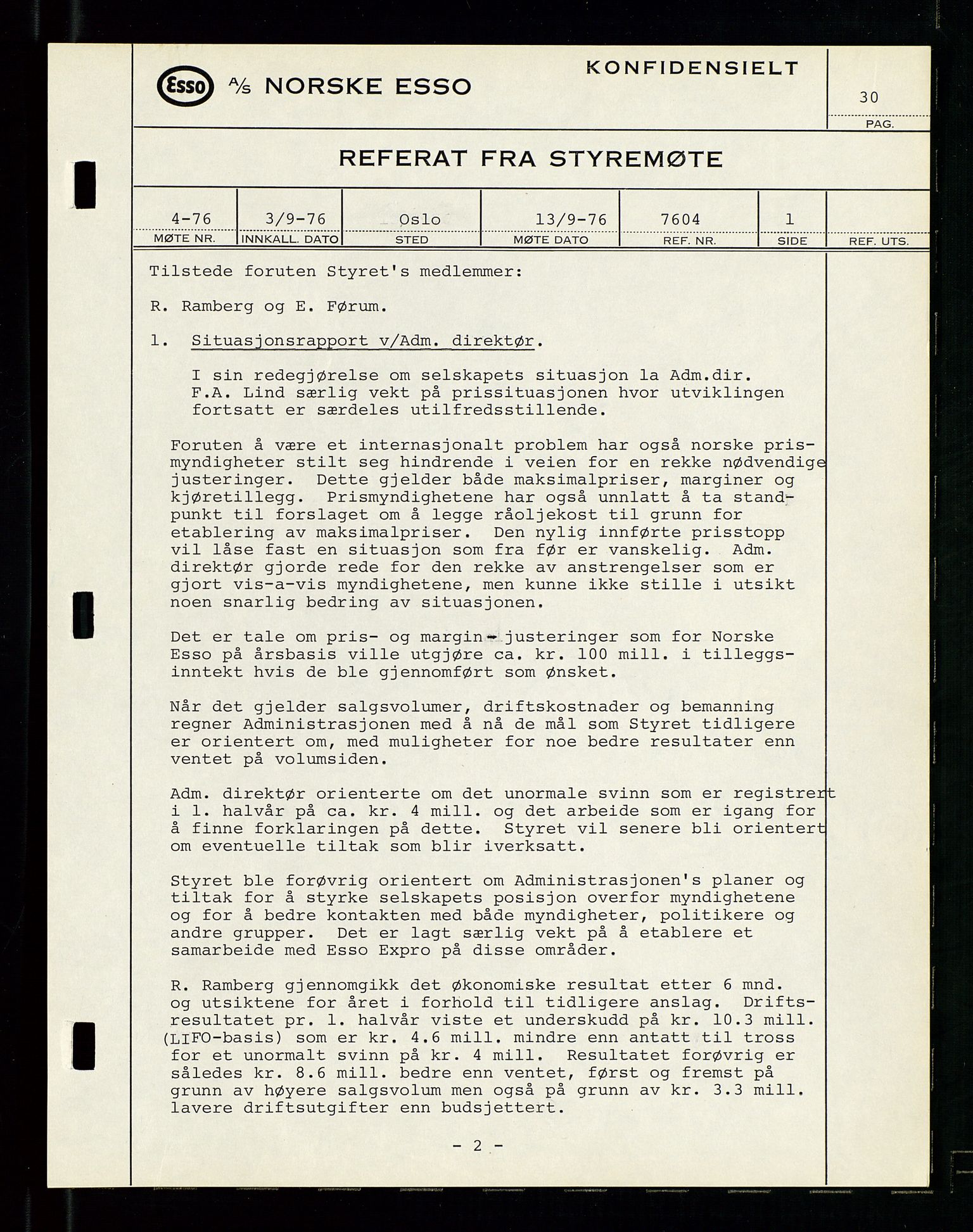 Pa 0982 - Esso Norge A/S, AV/SAST-A-100448/A/Aa/L0003/0003: Den administrerende direksjon Board minutes (styrereferater) og Bedriftforsamlingsprotokoll / Den administrerende direksjon Board minutes (styrereferater), 1975-1985, p. 30