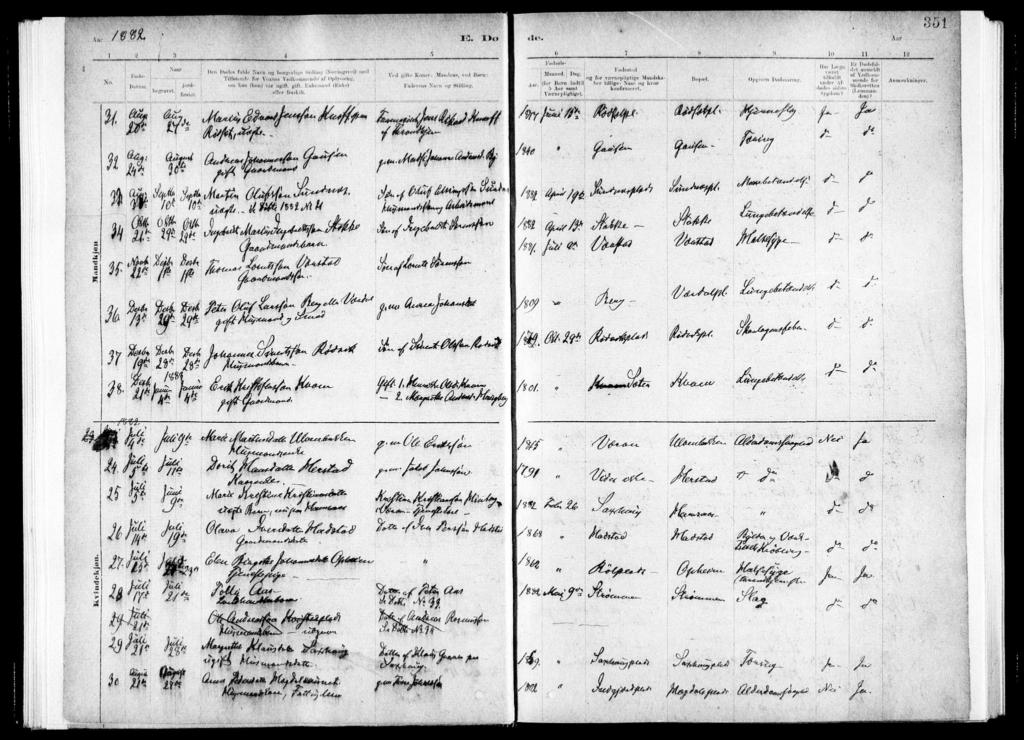 Ministerialprotokoller, klokkerbøker og fødselsregistre - Nord-Trøndelag, SAT/A-1458/730/L0285: Parish register (official) no. 730A10, 1879-1914, p. 351
