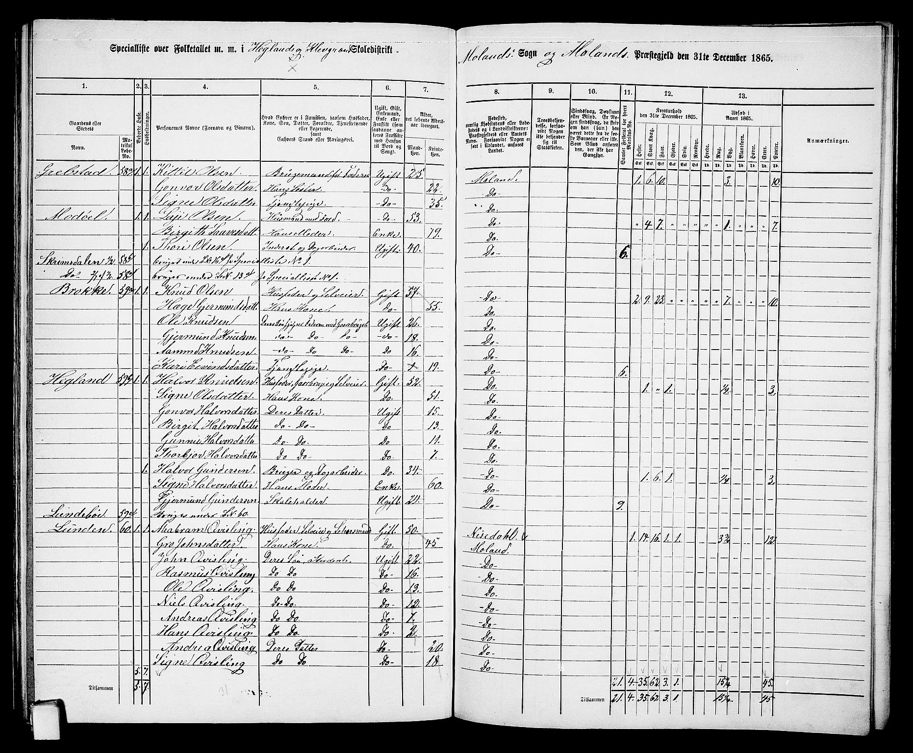 RA, 1865 census for Moland, 1865, p. 60