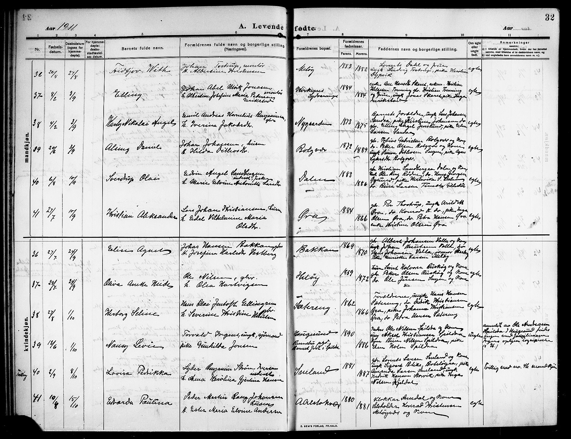 Ministerialprotokoller, klokkerbøker og fødselsregistre - Nordland, SAT/A-1459/843/L0639: Parish register (copy) no. 843C08, 1908-1924, p. 32