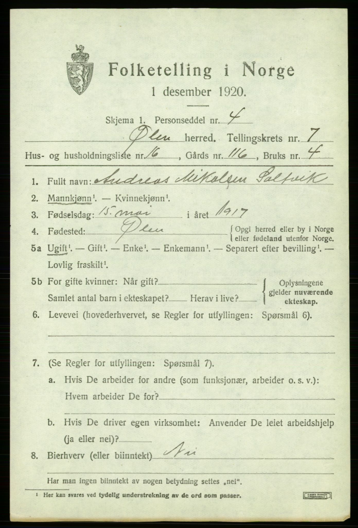 SAB, 1920 census for Ølen, 1920, p. 3387