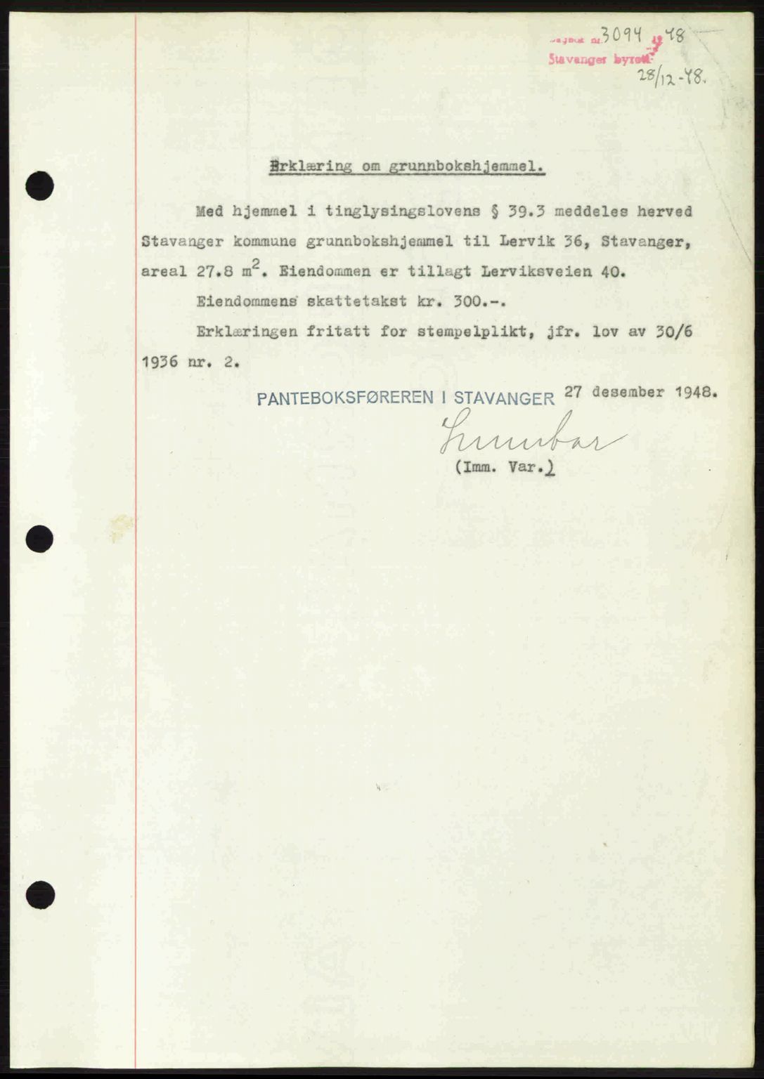 Stavanger byrett, SAST/A-100455/002/G/Gb/L0023: Mortgage book no. A12, 1948-1949, Diary no: : 3094/1948