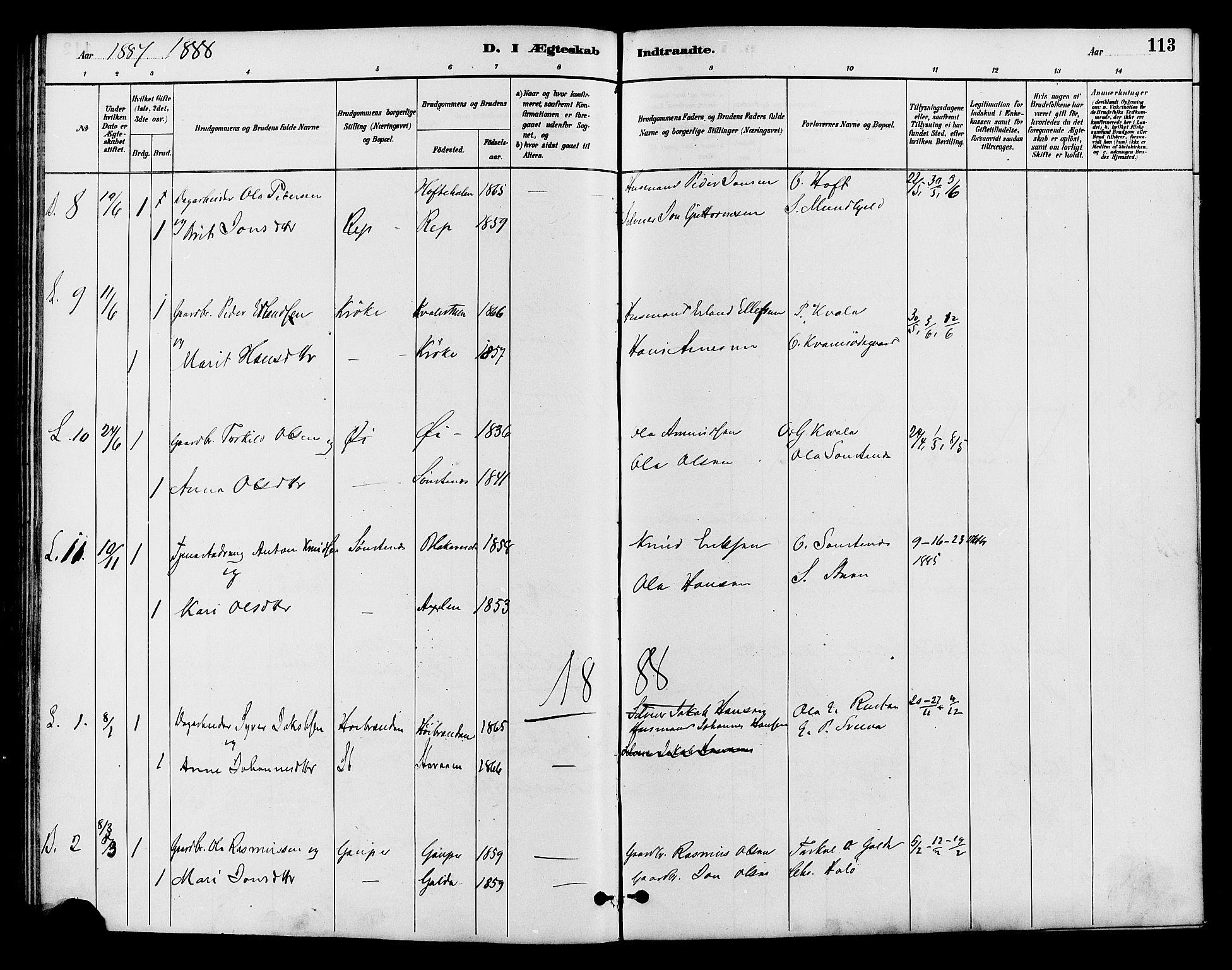 Lom prestekontor, AV/SAH-PREST-070/K/L0008: Parish register (official) no. 8, 1885-1898, p. 113