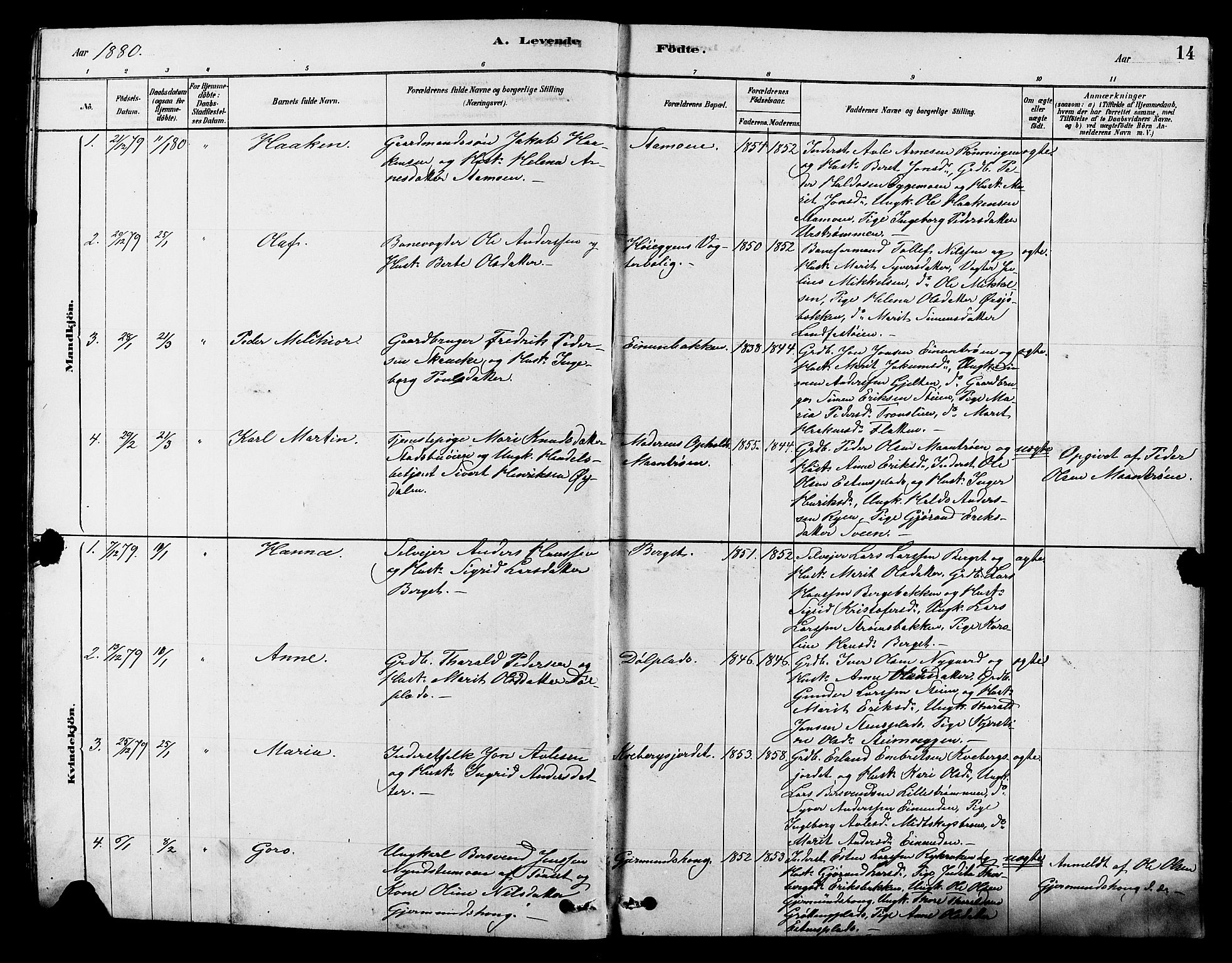 Alvdal prestekontor, SAH/PREST-060/H/Ha/Hab/L0003: Parish register (copy) no. 3, 1878-1907, p. 14
