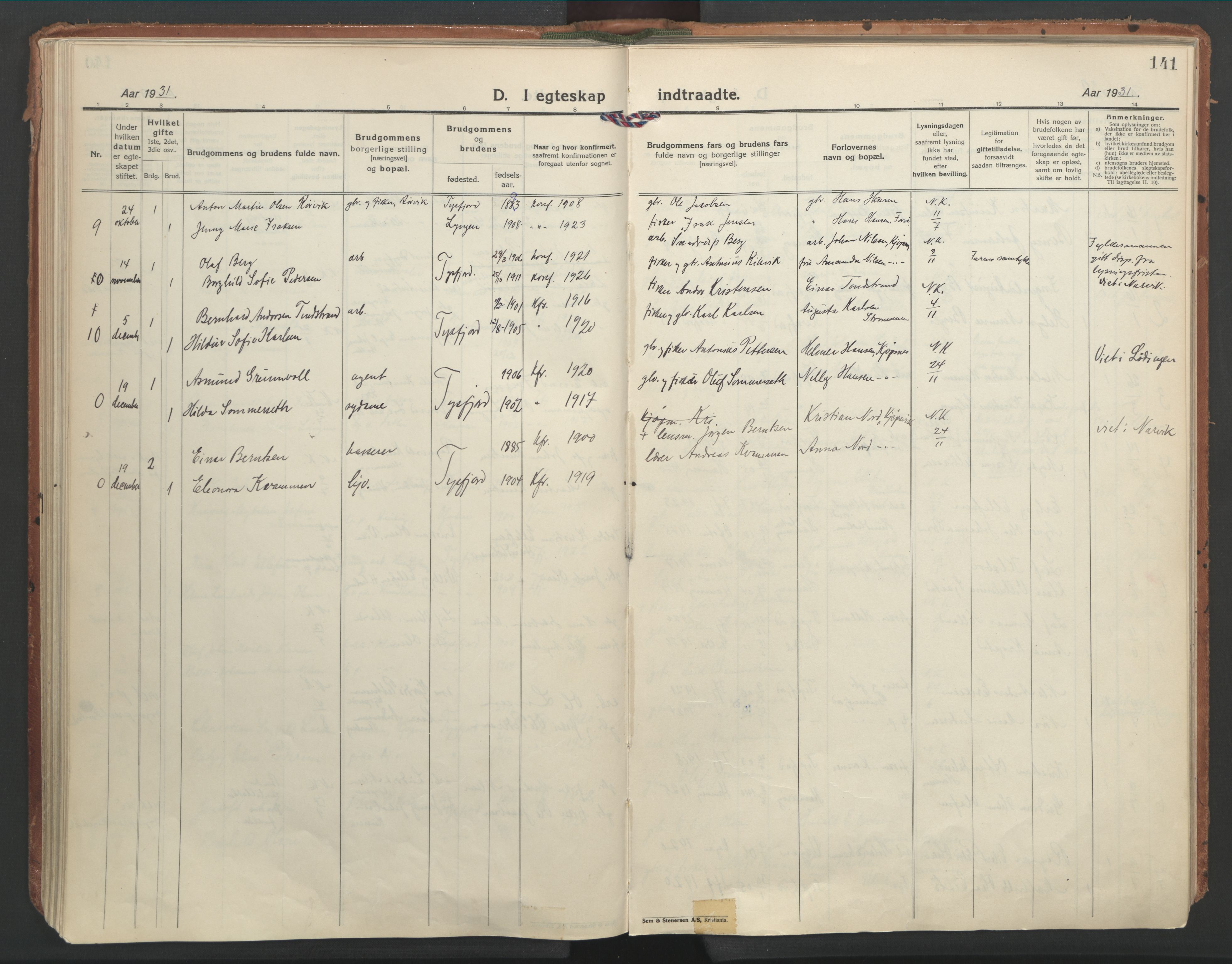 Ministerialprotokoller, klokkerbøker og fødselsregistre - Nordland, AV/SAT-A-1459/861/L0873: Parish register (official) no. 861A08, 1923-1932, p. 141