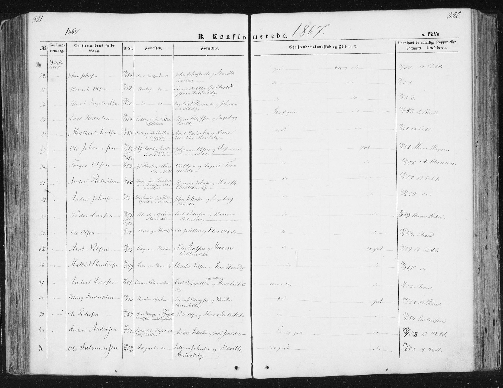 Ministerialprotokoller, klokkerbøker og fødselsregistre - Sør-Trøndelag, AV/SAT-A-1456/630/L0494: Parish register (official) no. 630A07, 1852-1868, p. 321-322