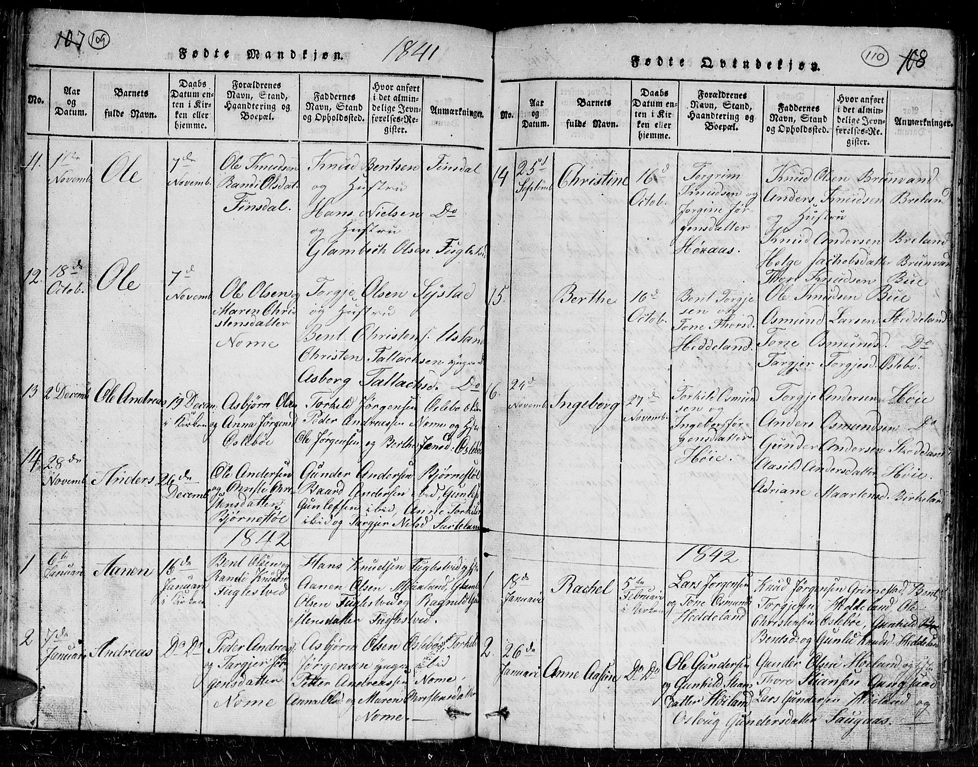 Holum sokneprestkontor, AV/SAK-1111-0022/F/Fb/Fbc/L0001: Parish register (copy) no. B 1, 1820-1859, p. 109-110