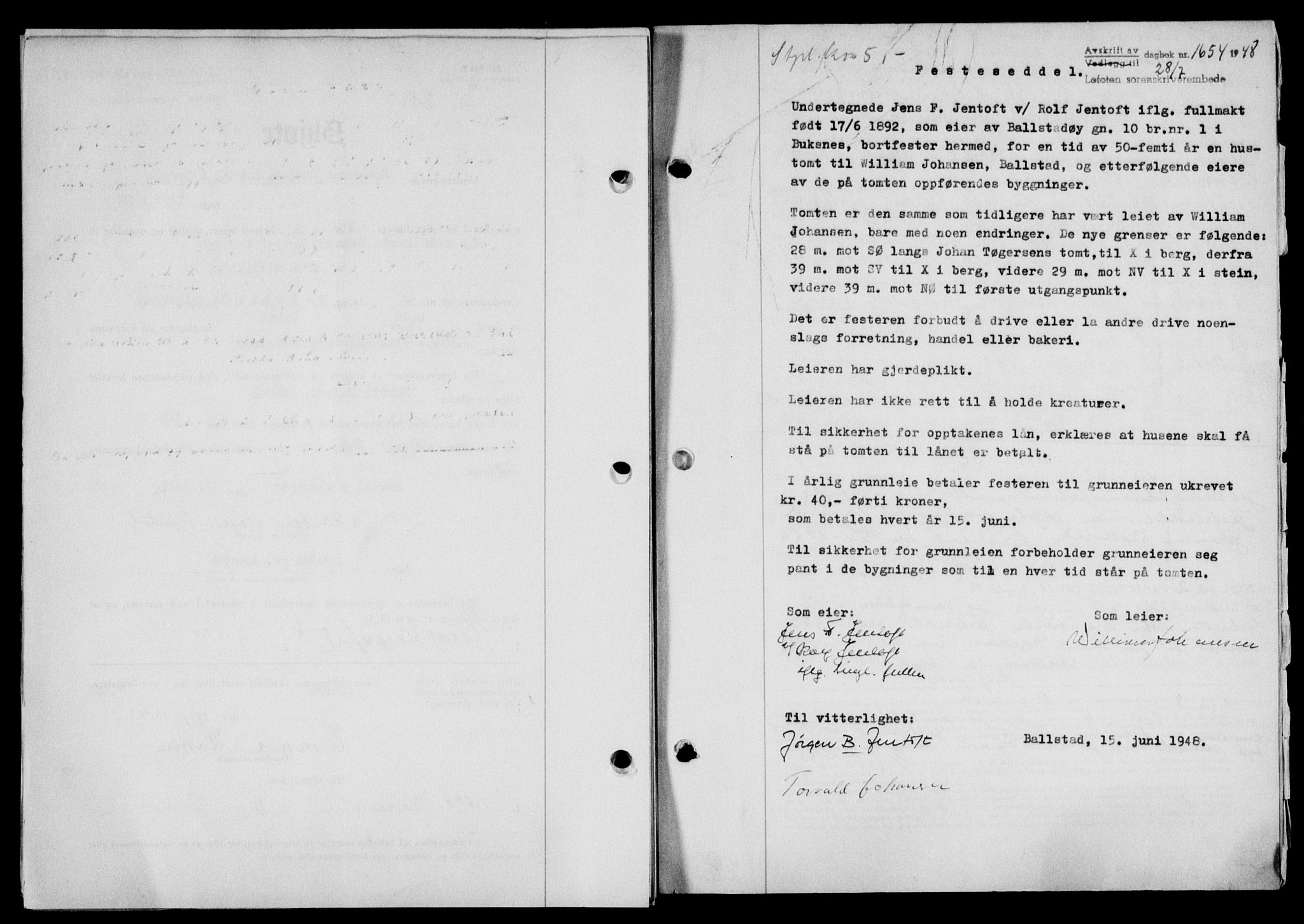 Lofoten sorenskriveri, SAT/A-0017/1/2/2C/L0018a: Mortgage book no. 18a, 1948-1948, Diary no: : 1654/1948