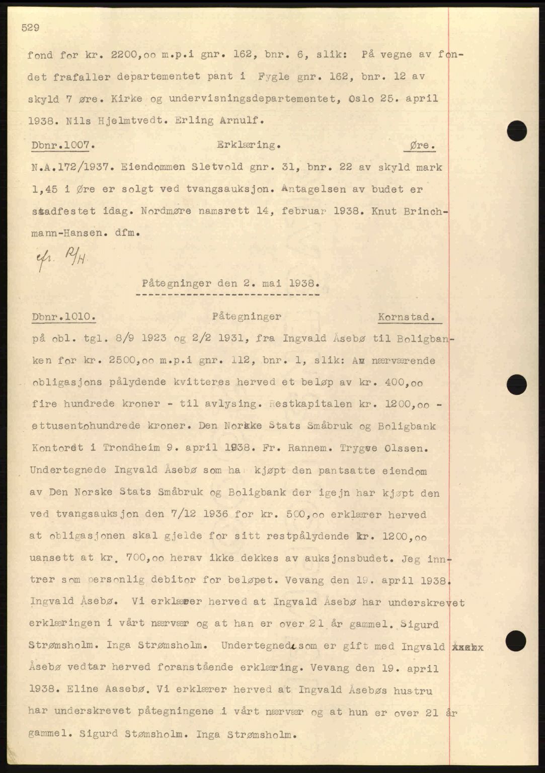 Nordmøre sorenskriveri, AV/SAT-A-4132/1/2/2Ca: Mortgage book no. C80, 1936-1939, Diary no: : 1007/1938