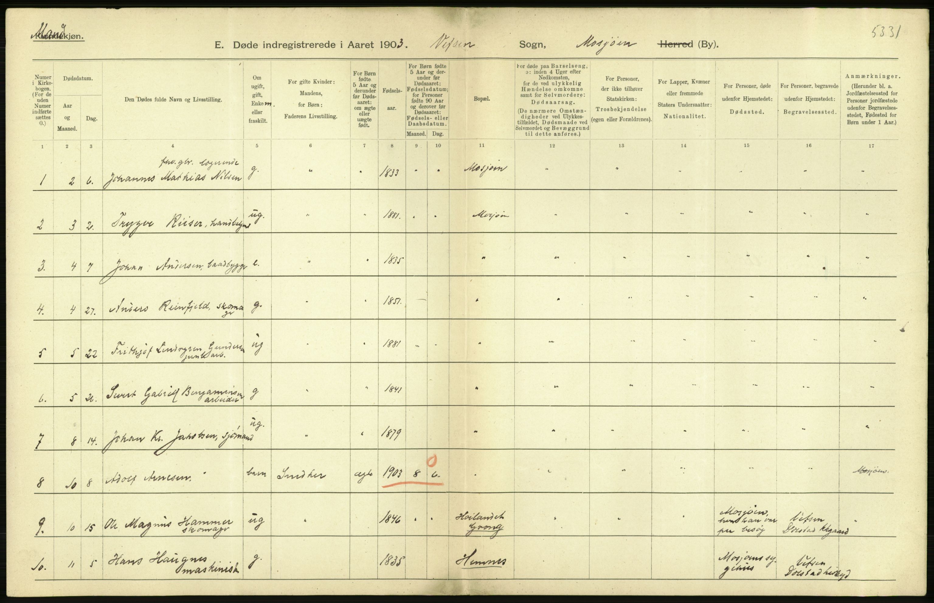 Statistisk sentralbyrå, Sosiodemografiske emner, Befolkning, AV/RA-S-2228/D/Df/Dfa/Dfaa/L0019: Nordlands amt: Fødte, gifte, døde., 1903, p. 538