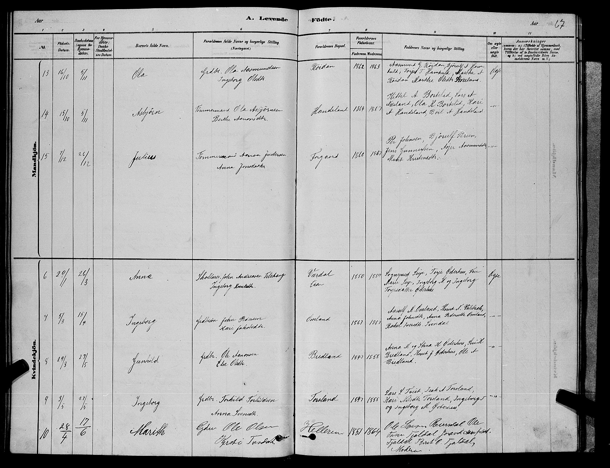 Åseral sokneprestkontor, SAK/1111-0051/F/Fb/L0002: Parish register (copy) no. B 2, 1878-1899, p. 67