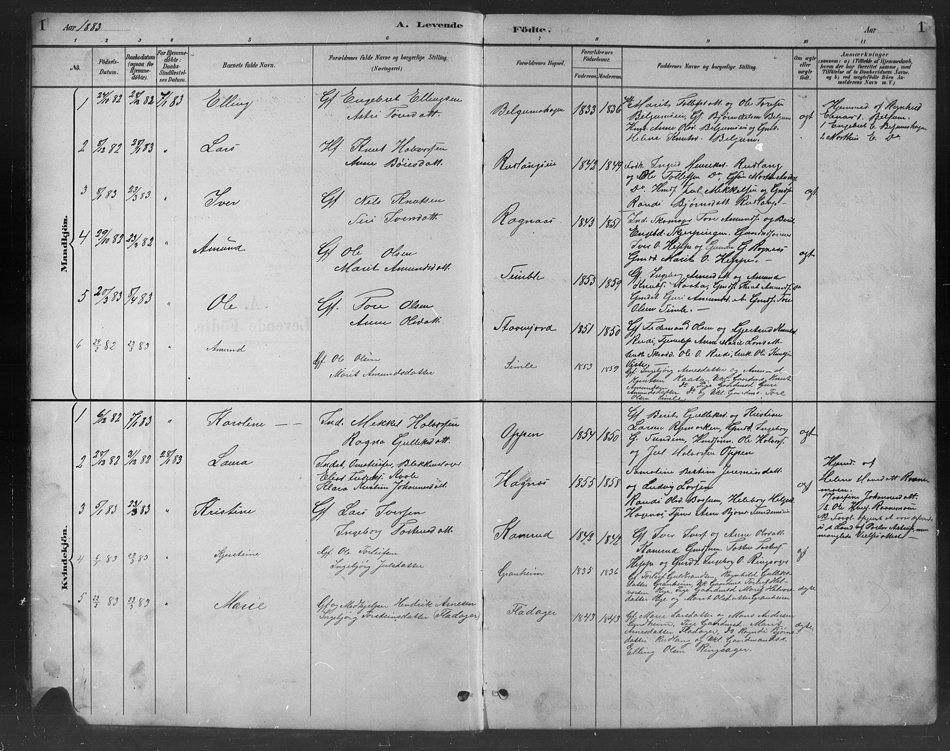 Nord-Aurdal prestekontor, AV/SAH-PREST-132/H/Ha/Hab/L0008: Parish register (copy) no. 8, 1883-1916, p. 1