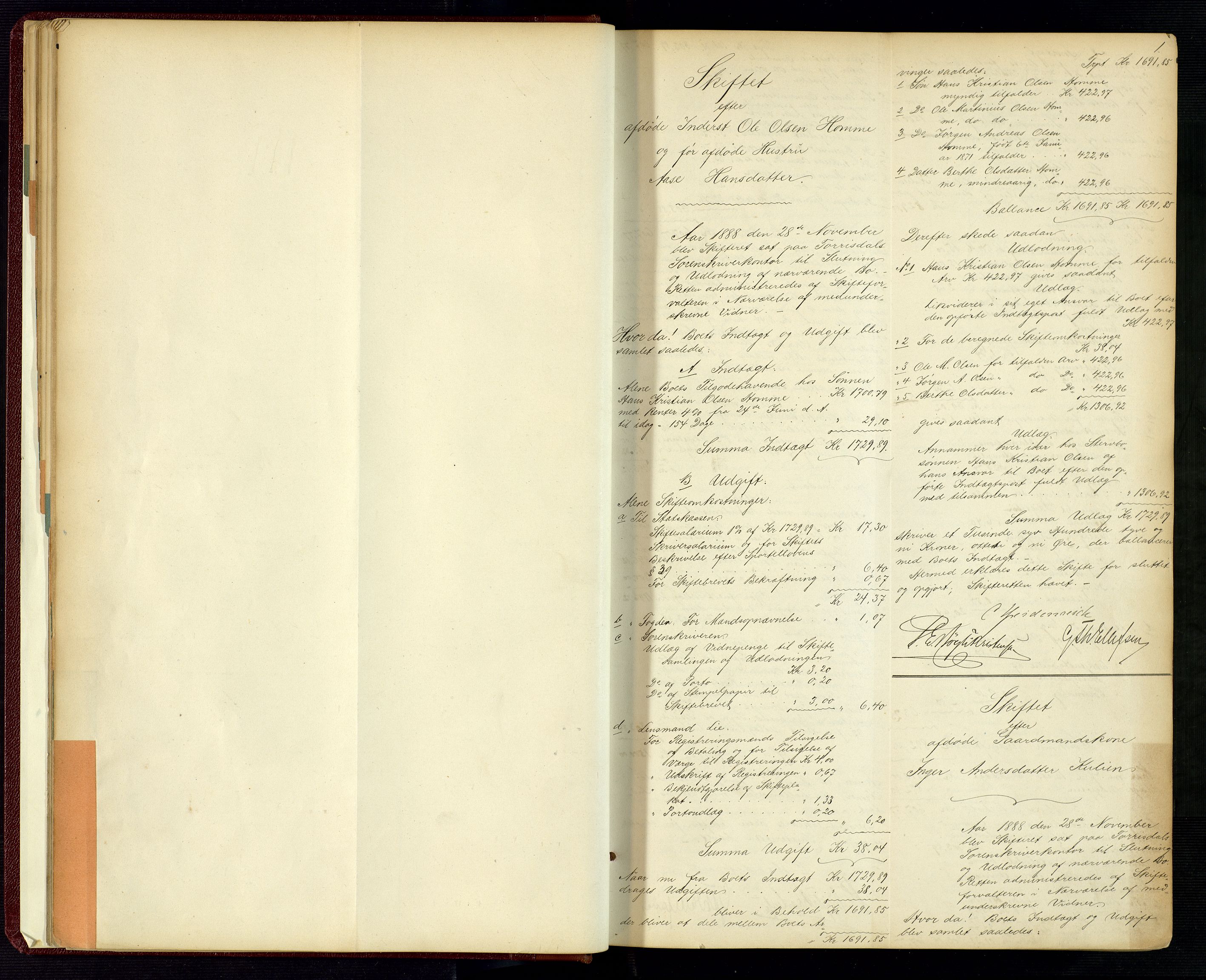 Torridal sorenskriveri, SAK/1221-0012/H/Hc/L0035: Skifteutlodningsprotokoll med navneregister nr. 4, 1888-1906, p. 1