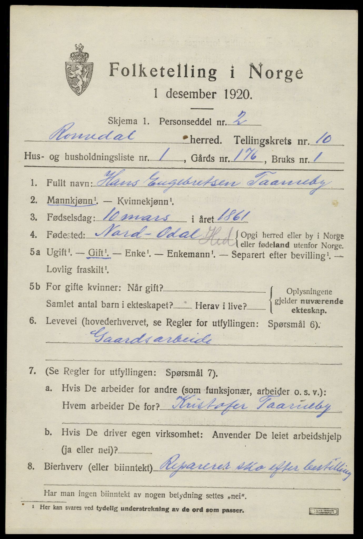 SAH, 1920 census for Romedal, 1920, p. 11221