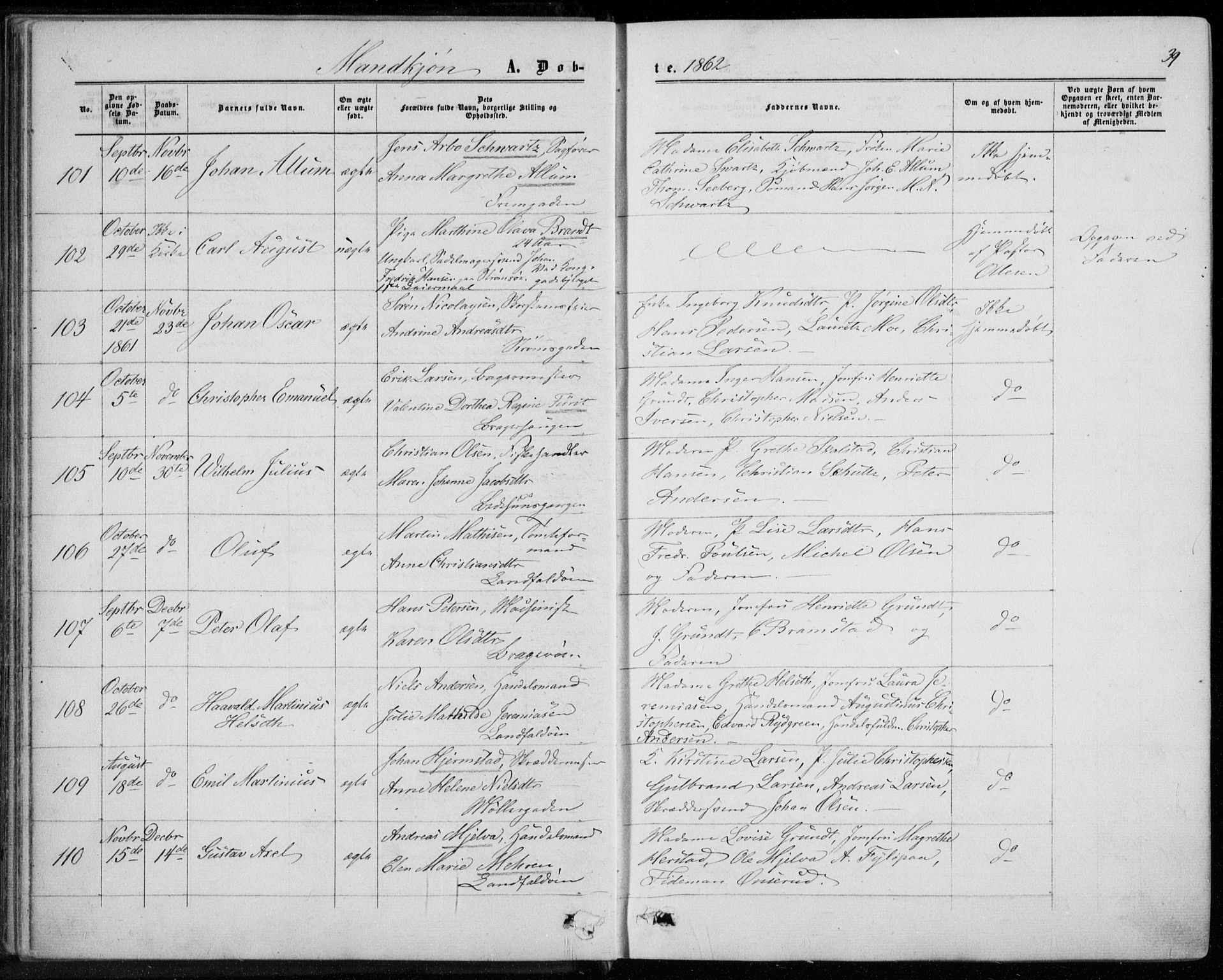 Bragernes kirkebøker, AV/SAKO-A-6/F/Fb/L0003: Parish register (official) no. II 3, 1860-1868, p. 39