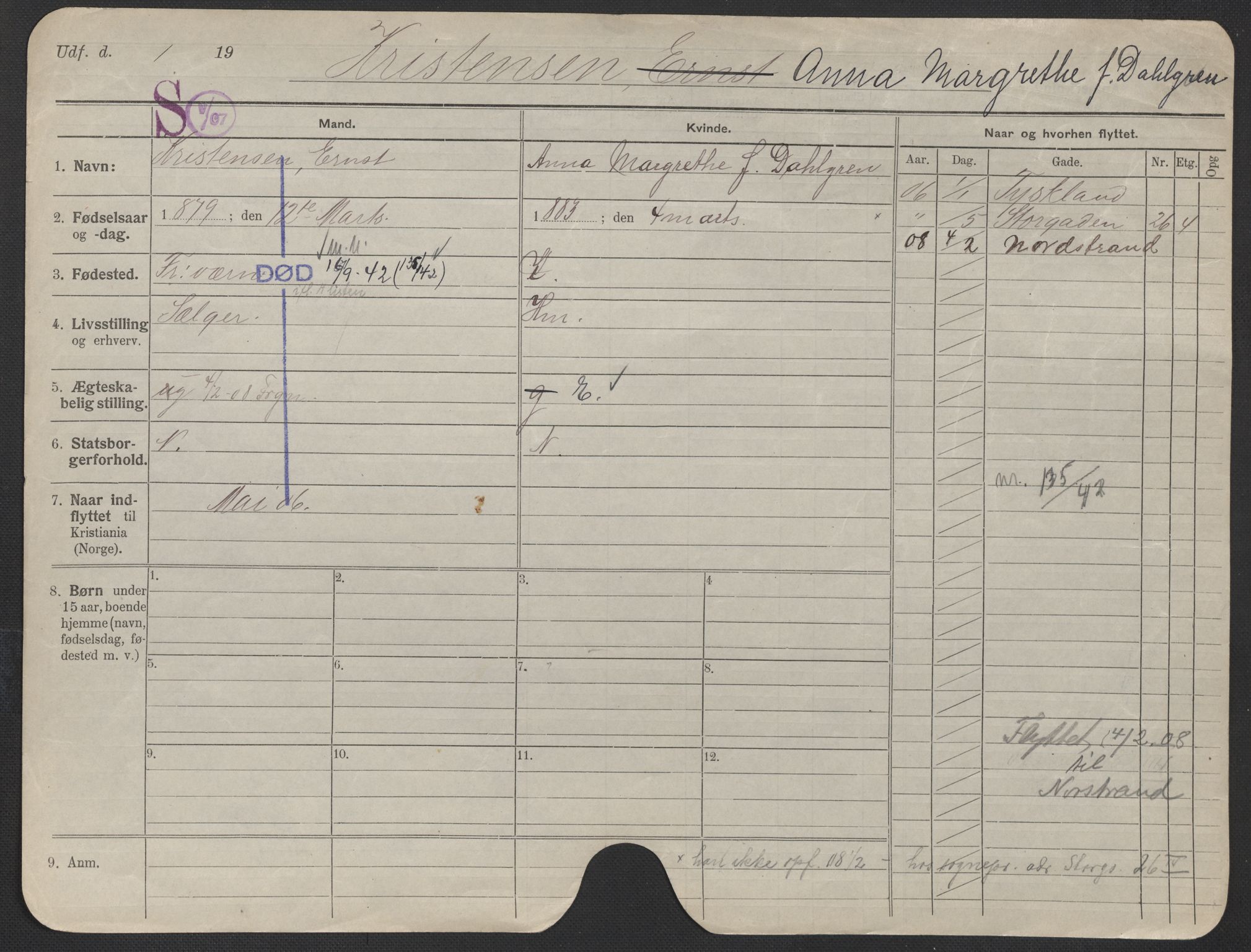 Oslo folkeregister, Registerkort, AV/SAO-A-11715/F/Fa/Fac/L0019: Kvinner, 1906-1914, p. 109a