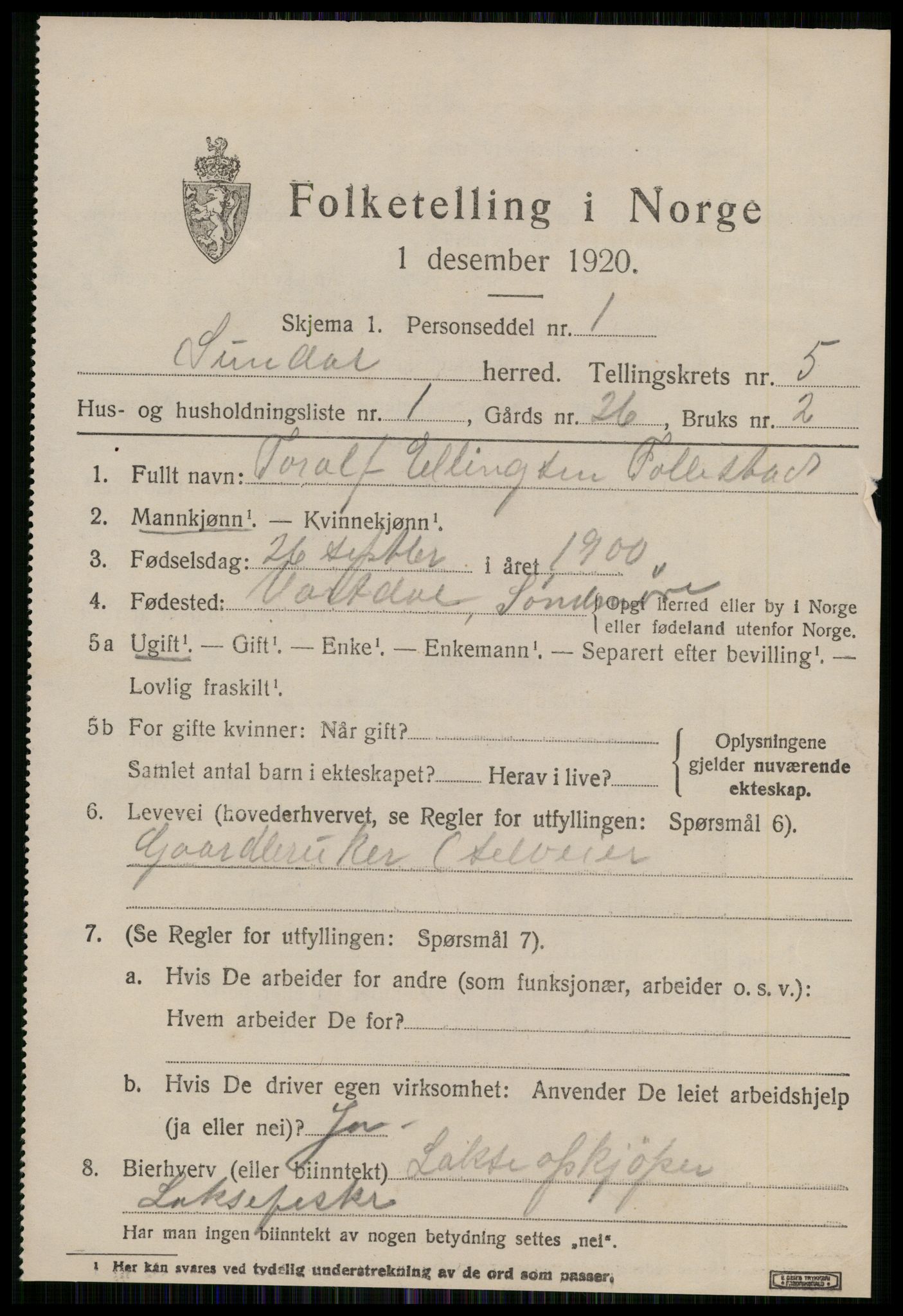 SAT, 1920 census for Sunndal, 1920, p. 3096