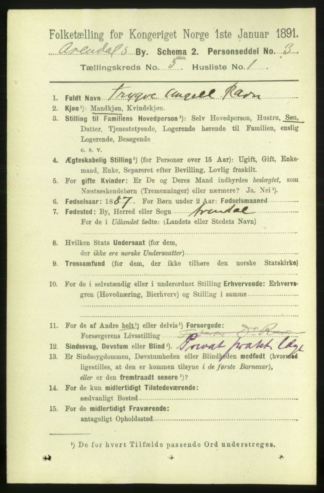 RA, 1891 census for 0903 Arendal, 1891, p. 1791