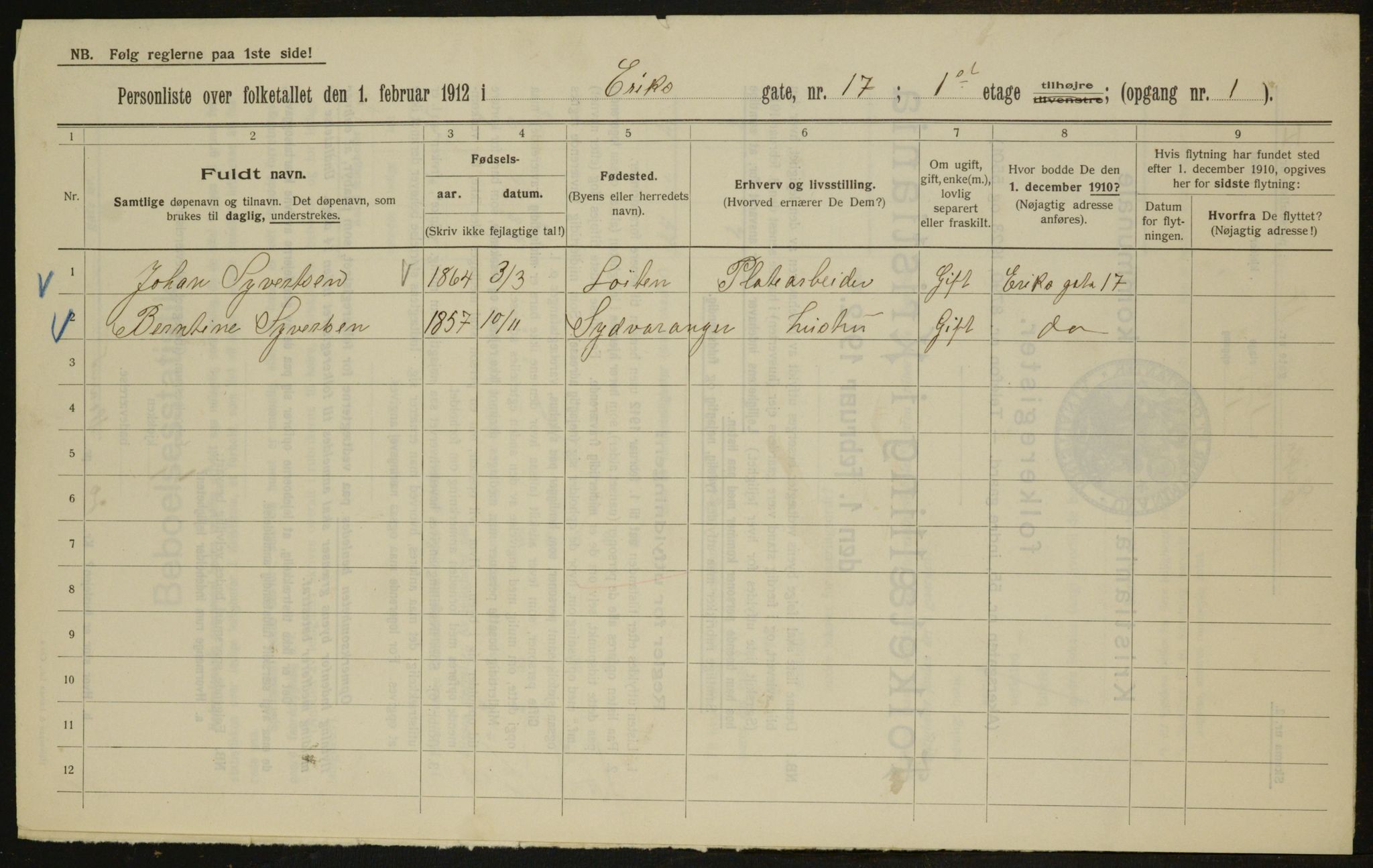 OBA, Municipal Census 1912 for Kristiania, 1912, p. 20048