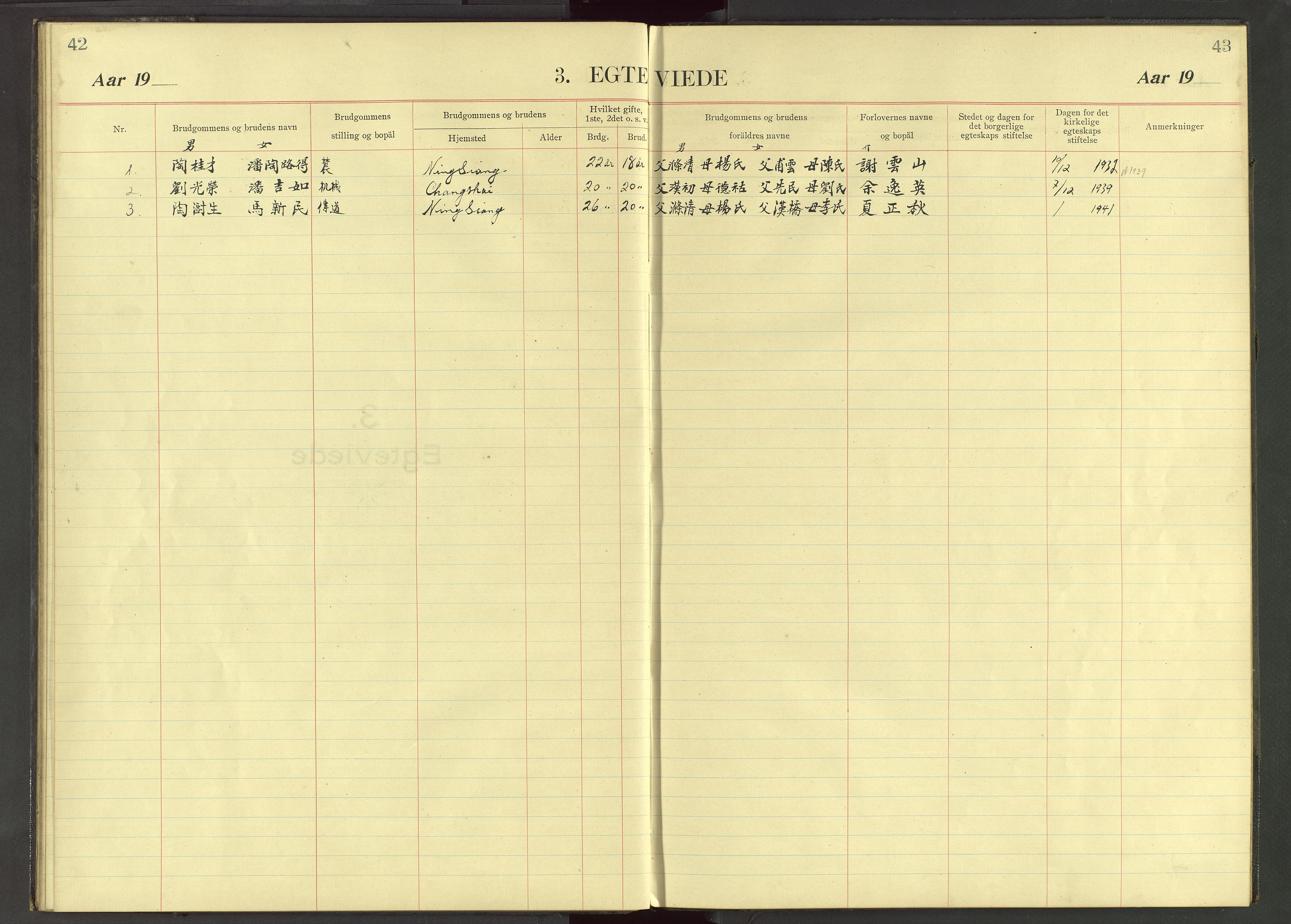 Det Norske Misjonsselskap - utland - Kina (Hunan), VID/MA-A-1065/Dm/L0037: Parish register (official) no. 75, 1910-1948, p. 42-43