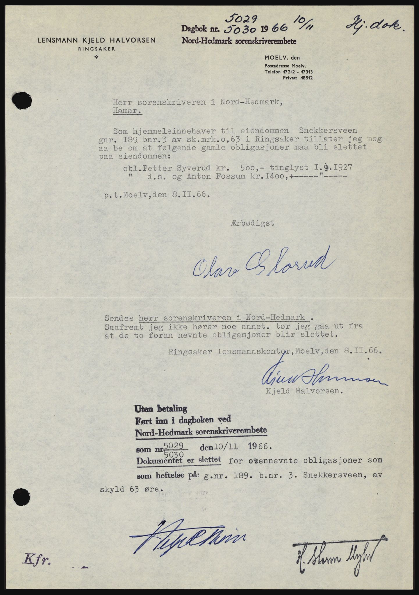 Nord-Hedmark sorenskriveri, SAH/TING-012/H/Hc/L0024: Mortgage book no. 24, 1966-1966, Diary no: : 5029/1966