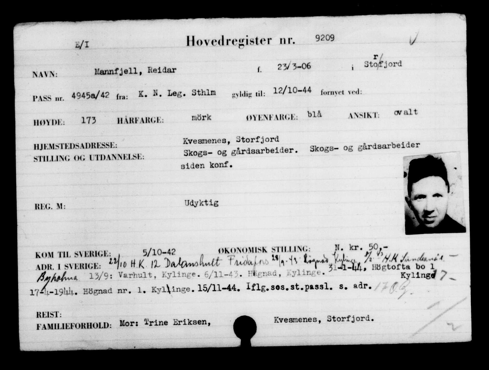 Utenriksstasjonene, Legasjonen i Stockholm, Flyktningkontoret, AV/RA-S-6753/V/Va/L0005: Kjesäterkartoteket, flyktninger med registreringsnr. 6600-9417, 1940-1945, p. 3083