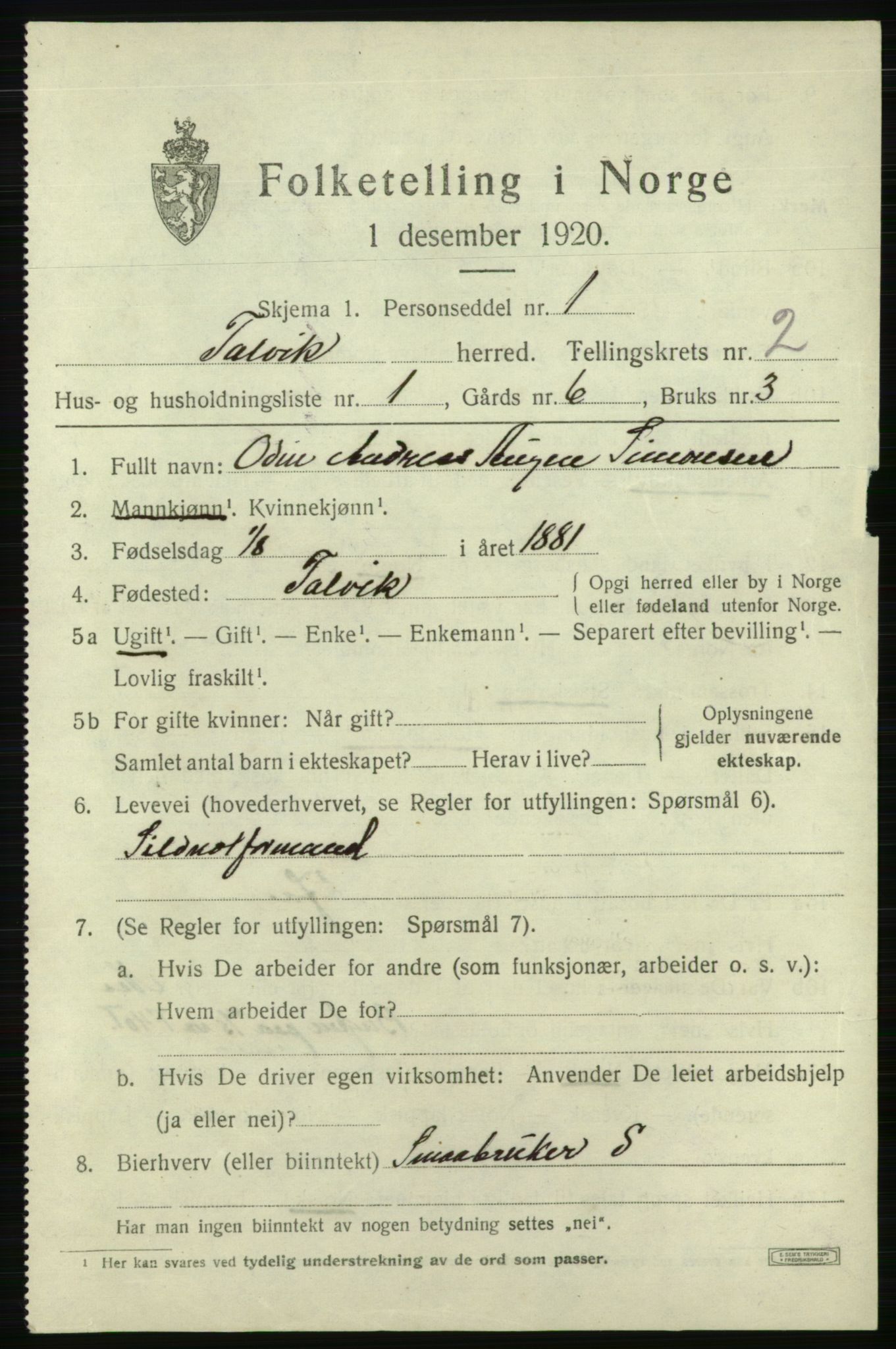 SATØ, 1920 census for Talvik, 1920, p. 1544