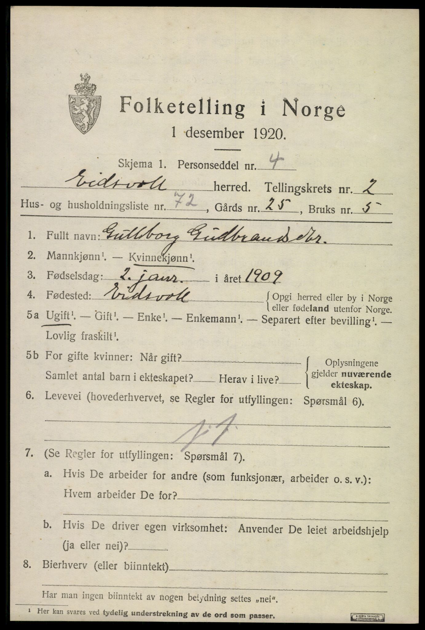 SAO, 1920 census for Eidsvoll, 1920, p. 7415