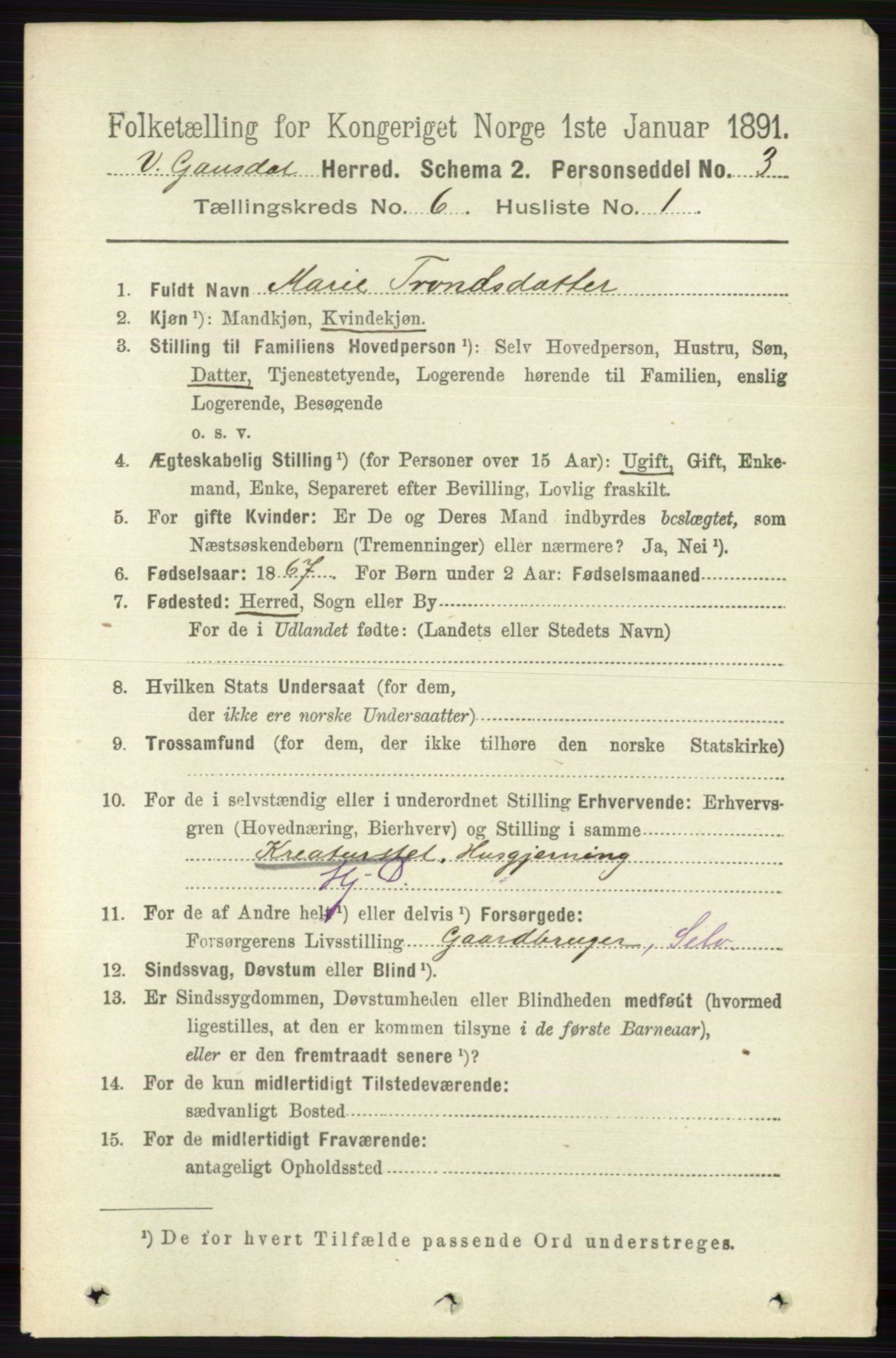 RA, 1891 census for 0523 Vestre Gausdal, 1891, p. 2556