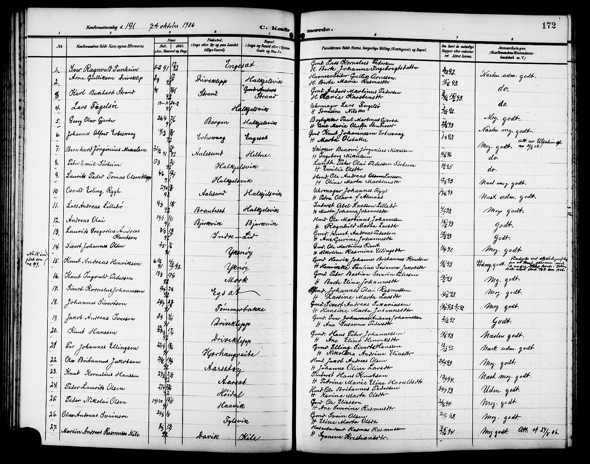 Ministerialprotokoller, klokkerbøker og fødselsregistre - Møre og Romsdal, SAT/A-1454/511/L0159: Parish register (copy) no. 511C05, 1902-1920, p. 172