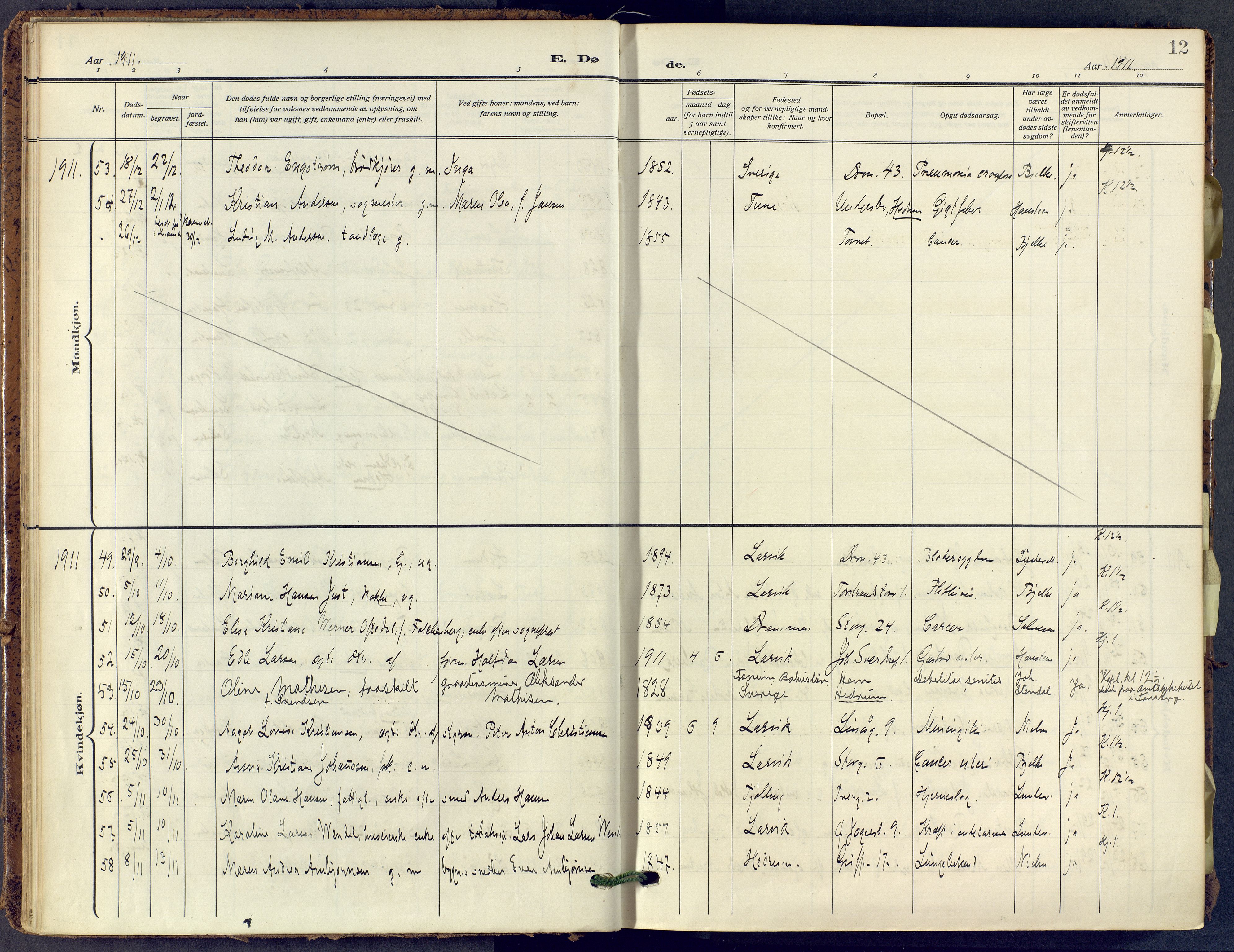 Larvik kirkebøker, AV/SAKO-A-352/F/Fa/L0013: Parish register (official) no. I 13, 1910-1960, p. 12