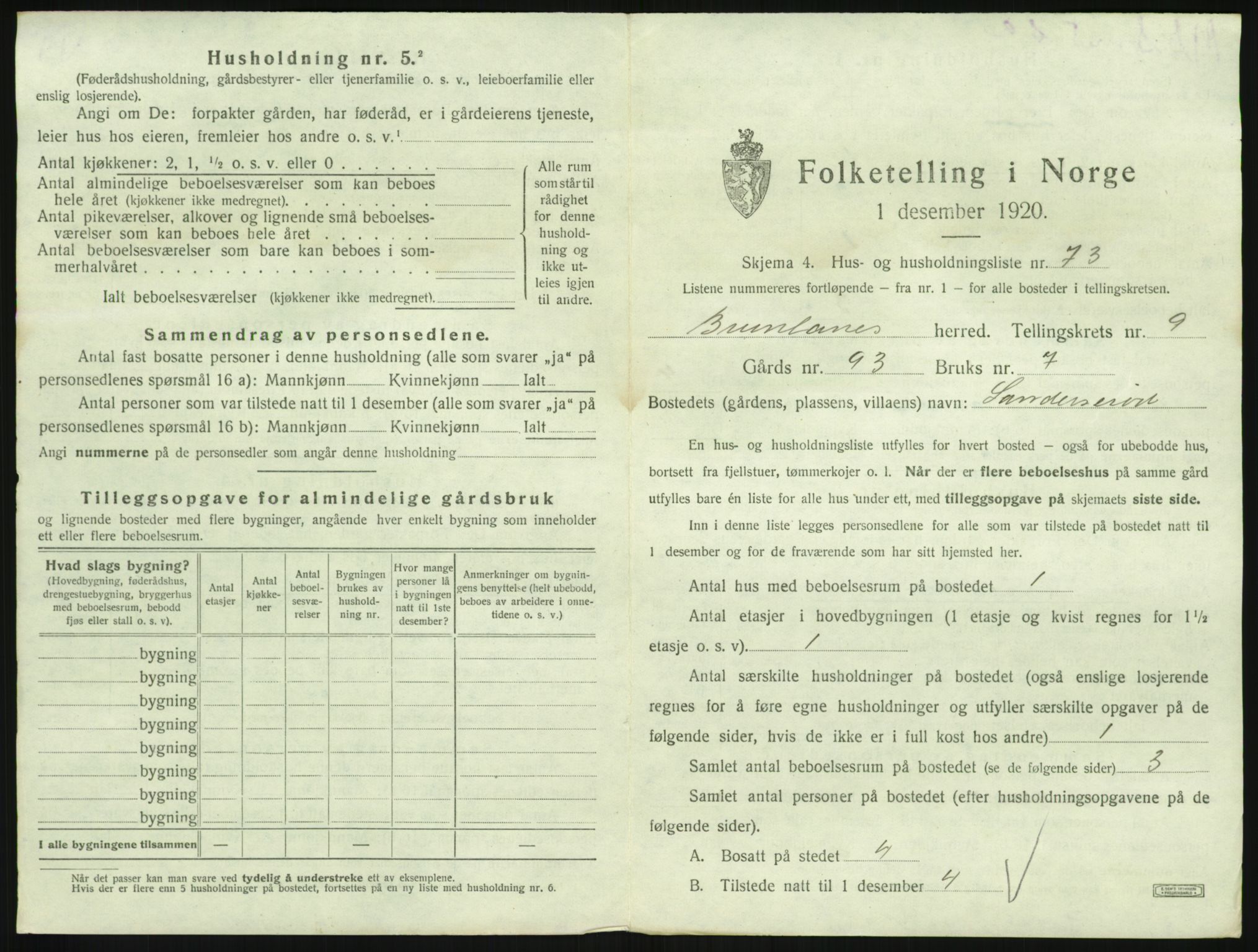SAKO, 1920 census for Brunlanes, 1920, p. 1225